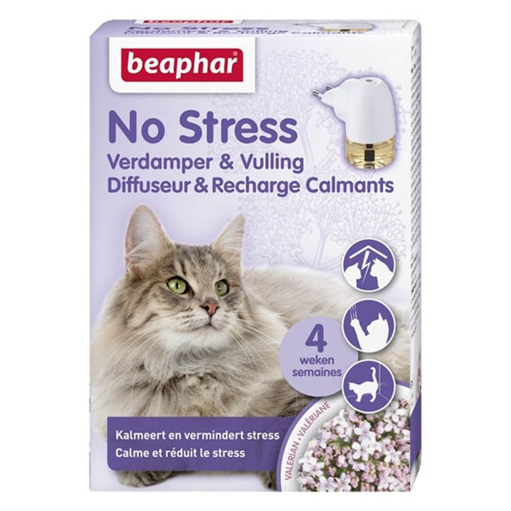 Boîte Beaphar No Stress. Image du produit, chat, nom du produit, logos et texte en plusieurs langues.