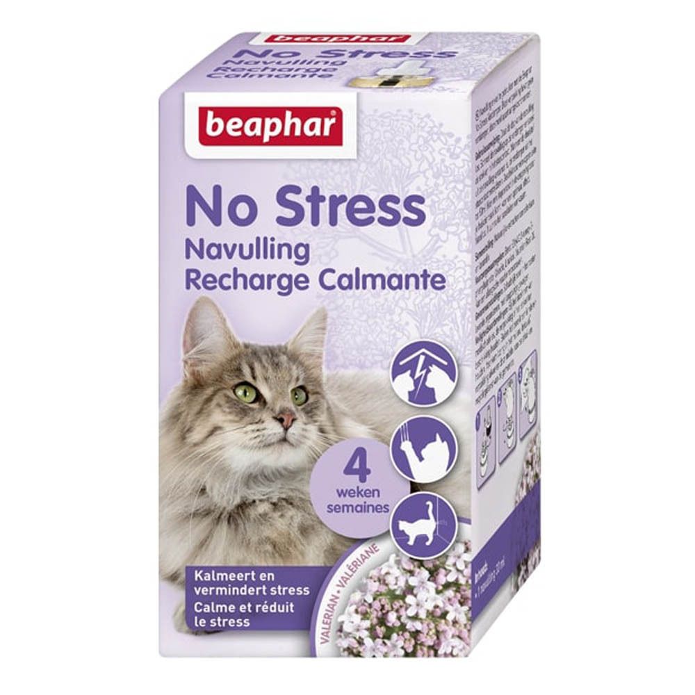Beaphar No Stress-verpakking. Toont een kat, productnaam en informatie.