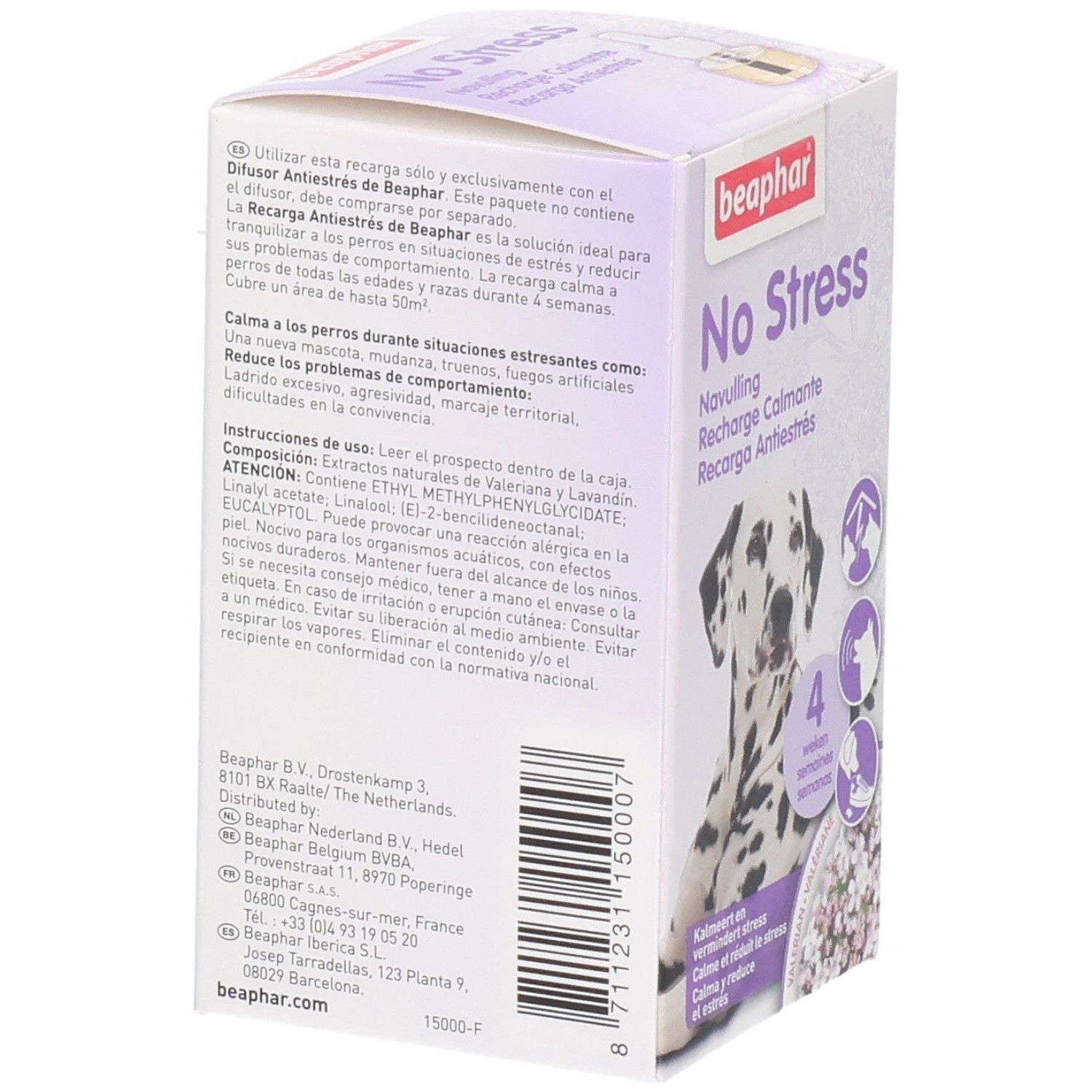 Beaphar No Stress navulling voor diffuser, met dalmatiër illustratie.