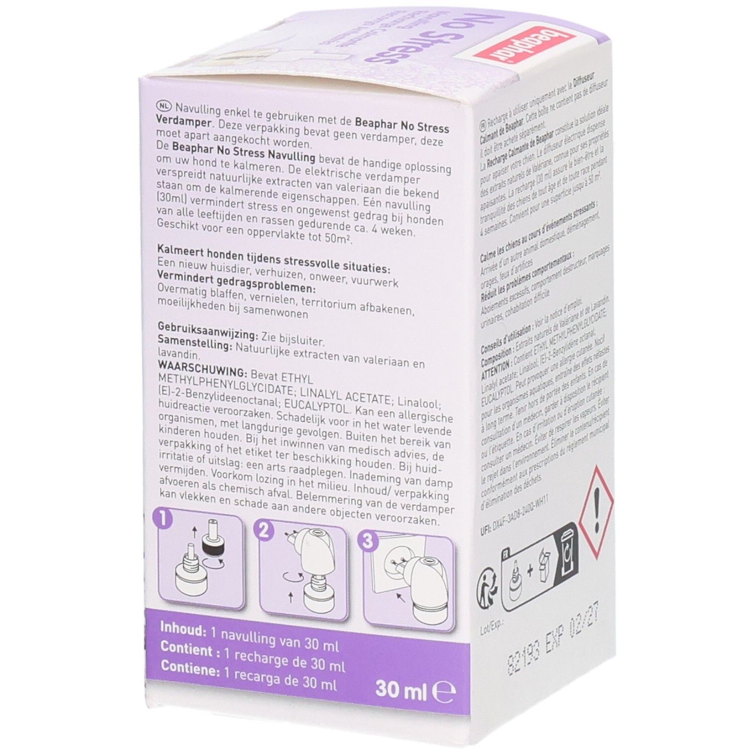 Beaphar No Stress navulling, 30 ml. Bevat natuurlijke extracten voor kalmering.