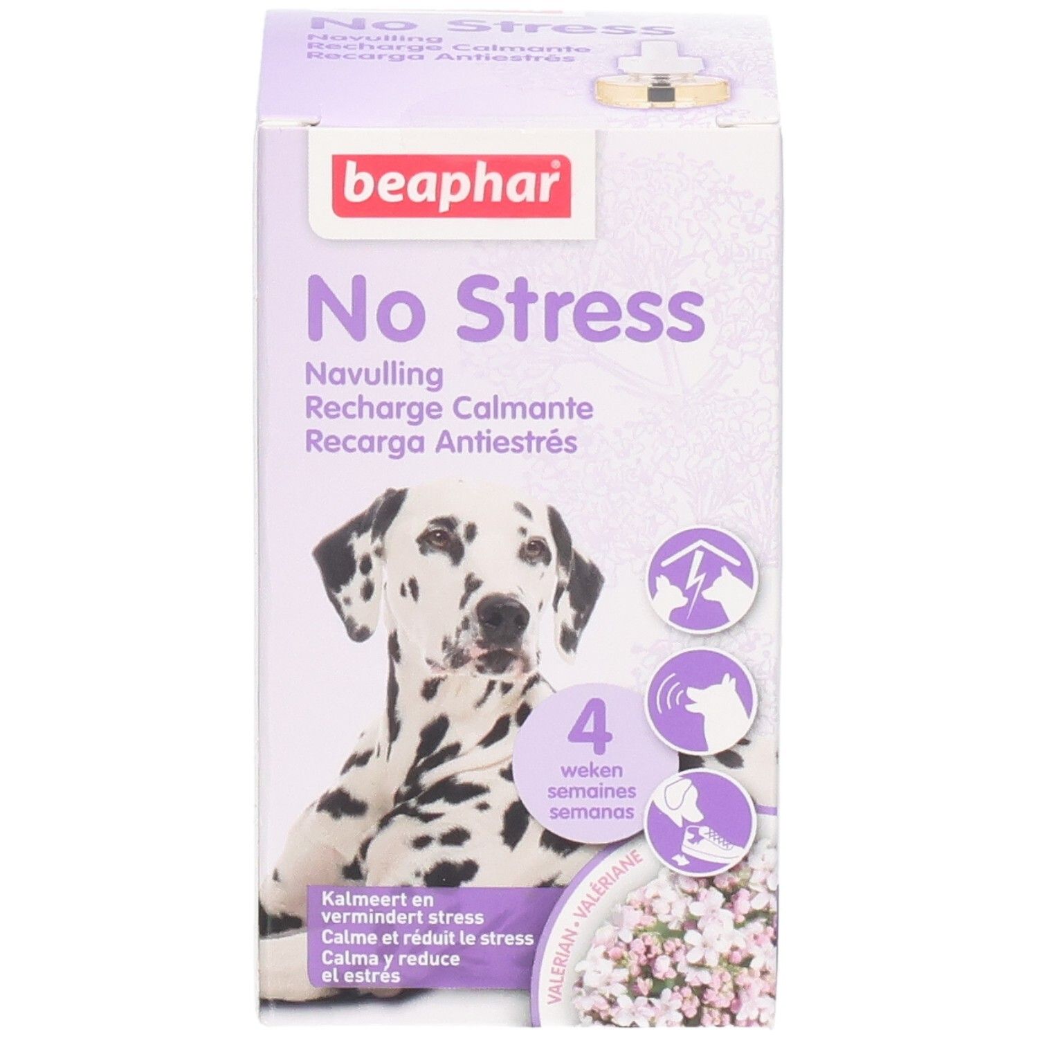 Beaphar No Stress verpakking met dalmatiër motief en kalmerende aanduidingen.
