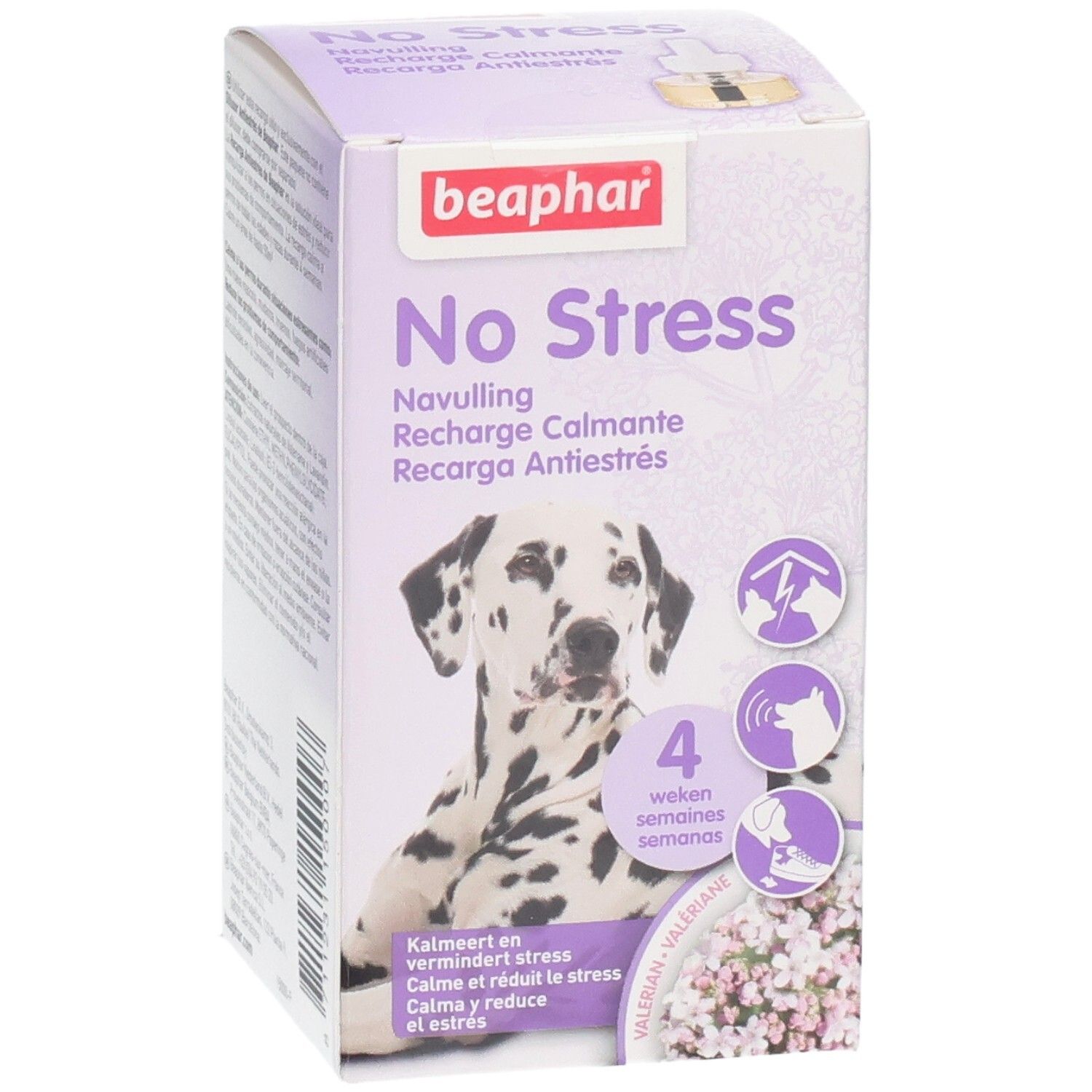 Beaphar No Stress product voor honden. Doos met afbeelding van dalmatiër en stressverlagende indicaties.