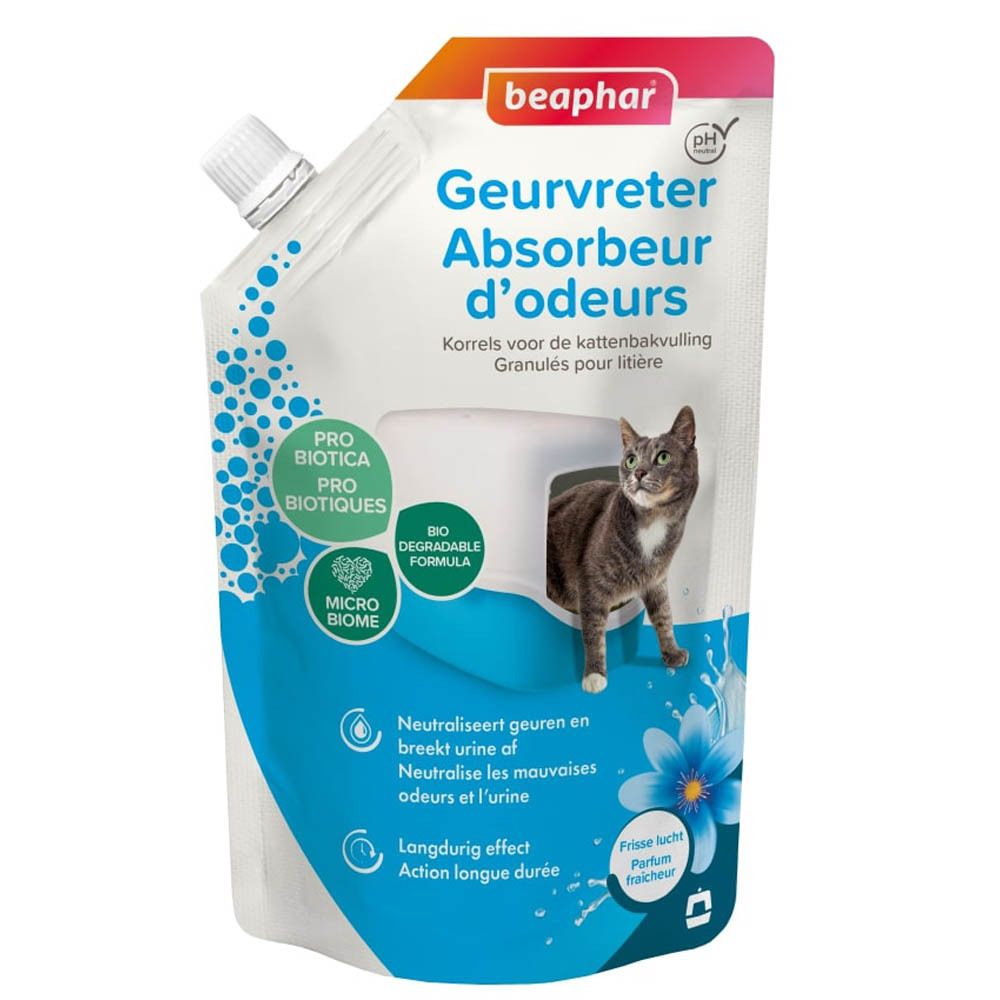 Zakje Beaphar Geurvreter Absorbeur d'odeurs. Korrels voor kattenbakvulling. Kat en bloemmotieven. pH-symbool.