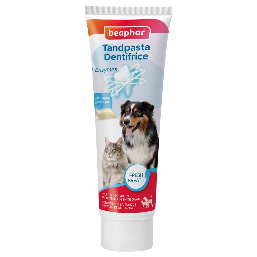 Tandpasta tube met hond en kat. Opschrift: beaphar, Tandpasta, Dentifrice. Bevat enzymen. Frisse adem.
