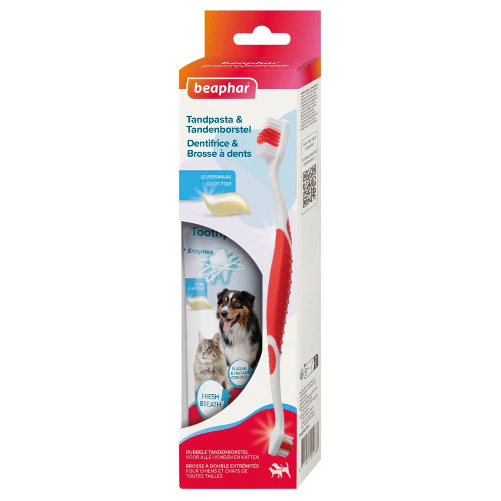 Emballage avec dentifrice et brosse à dents pour animaux. Brosse rouge et blanche, tube avec image du produit. Nom du produit visible.