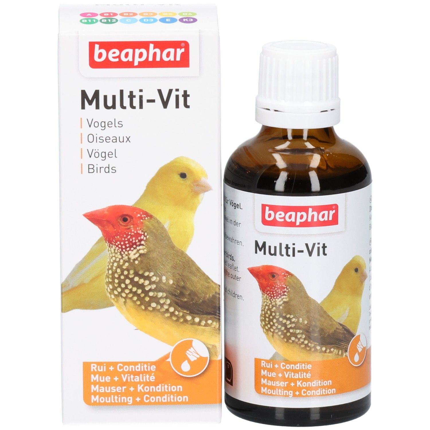 Flacon et emballage du produit. Emballage blanc avec nom du produit, image d'oiseau et texte. Flacon à côté.