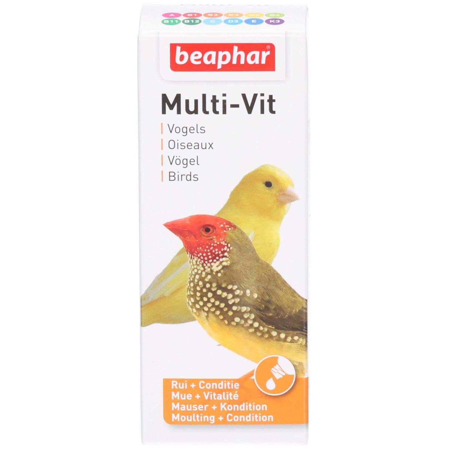 Emballage blanc avec nom du produit, image d'oiseau et texte. Texte multilingue. Bande orange.