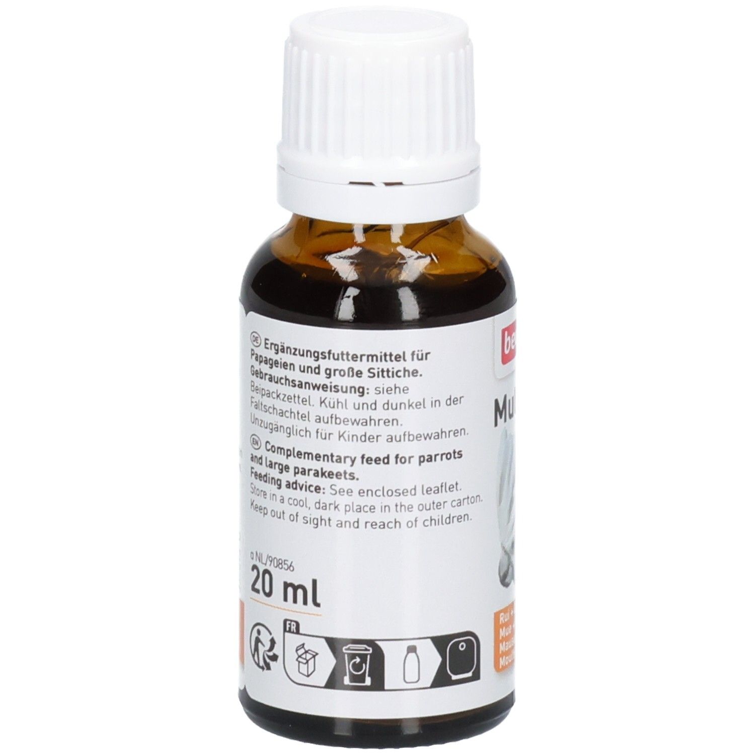 Achterkant van de bruine glazen fles. Etiket met tekst, 20 ml indicatie en pictogrammen.