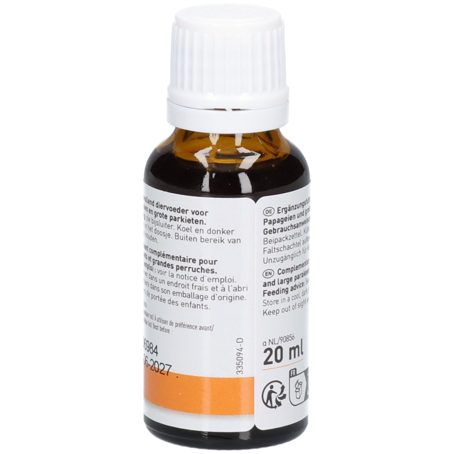 Achterkant van de bruine glazen fles. Etiket met tekst, 20 ml indicatie en pictogrammen.