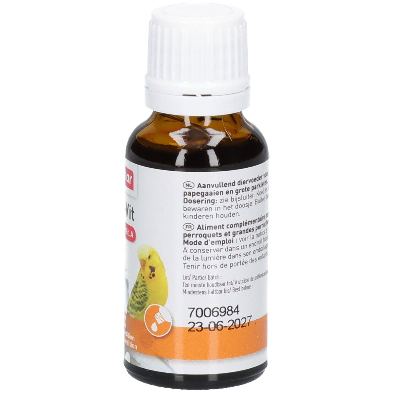 Achterkant van de bruine glazen fles. Etiket met tekst, 20 ml indicatie en pictogrammen.
