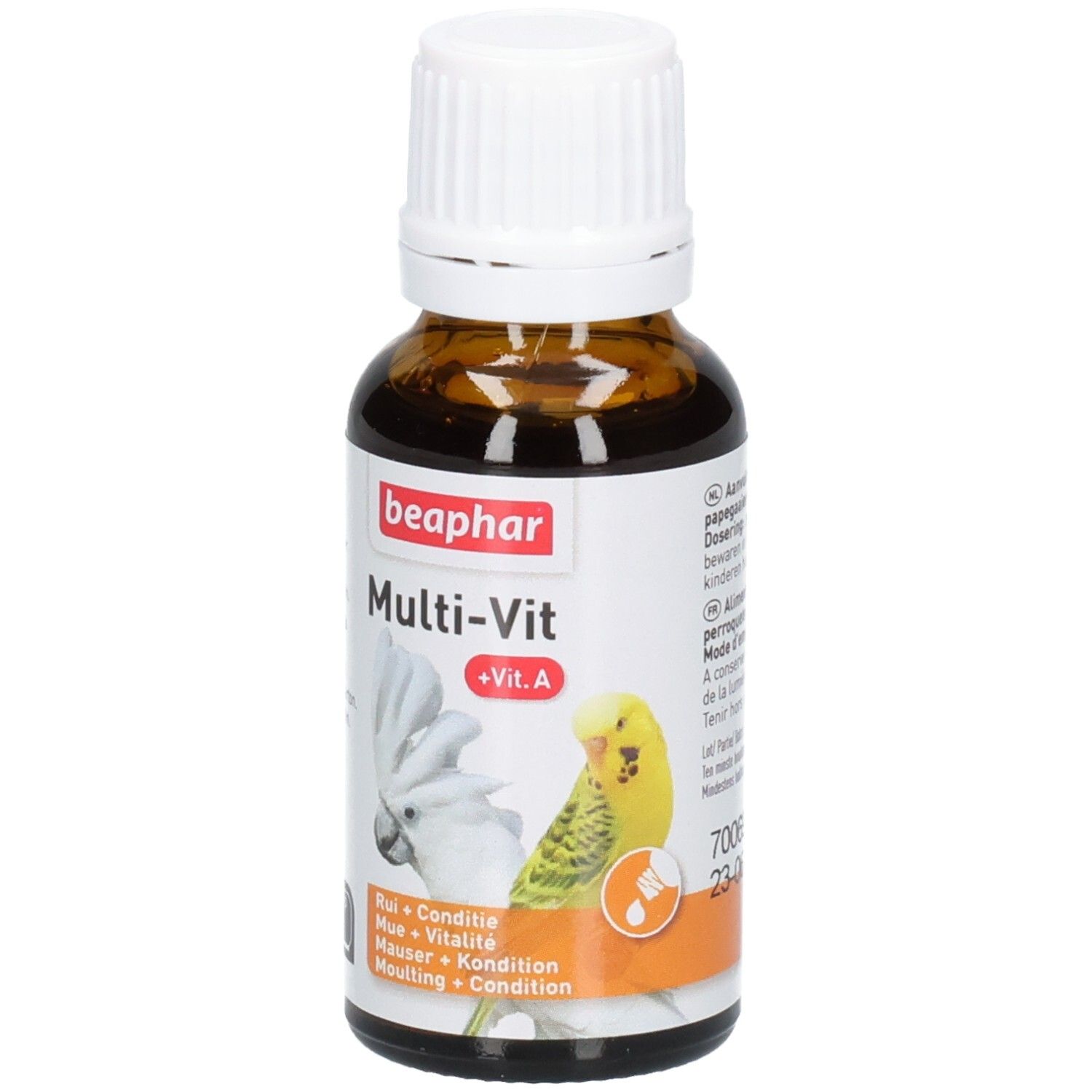 Bruine glazen fles met witte dop. Etiket met productnaam, papegaaienillustratie en '+Vit. A'.