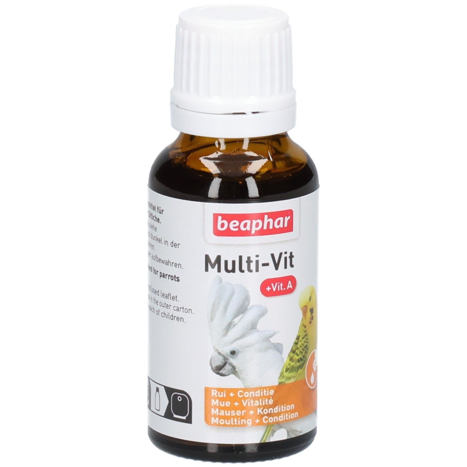 Bruine glazen fles met witte dop. Etiket met productnaam, papegaaienillustratie en '+Vit. A'.