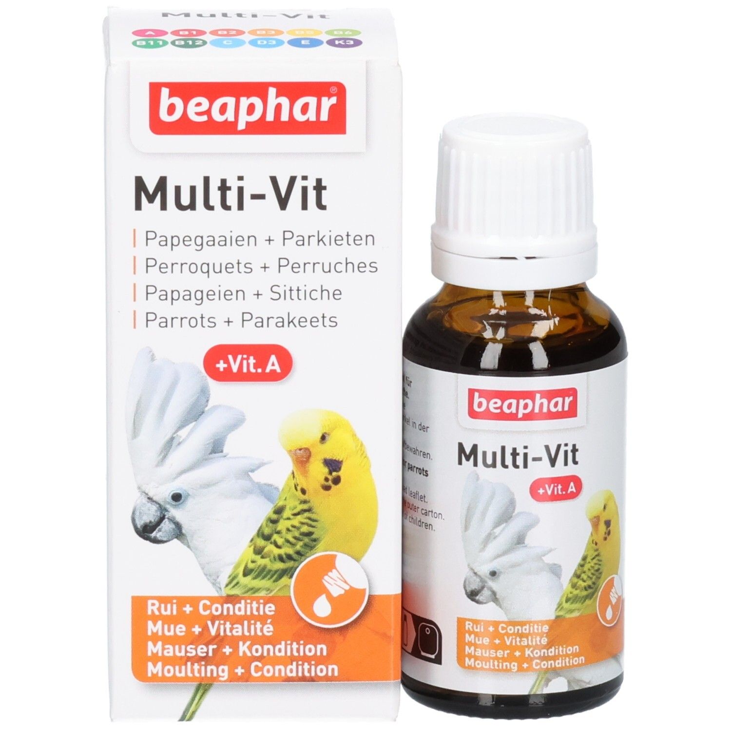 Productfles en verpakking. Verpakking met productnaam, papegaaienillustratie en '+Vit. A'.