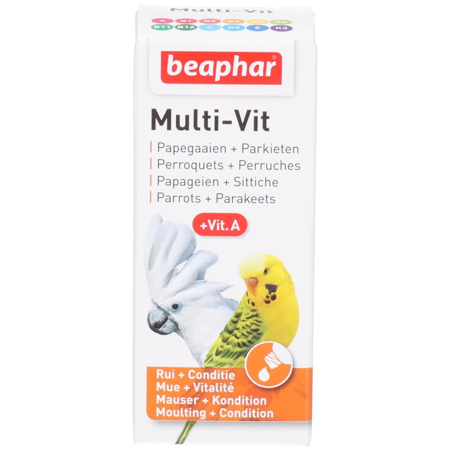 Productverpakking. Verpakking met productnaam, papegaaienillustratie en '+Vit. A'.