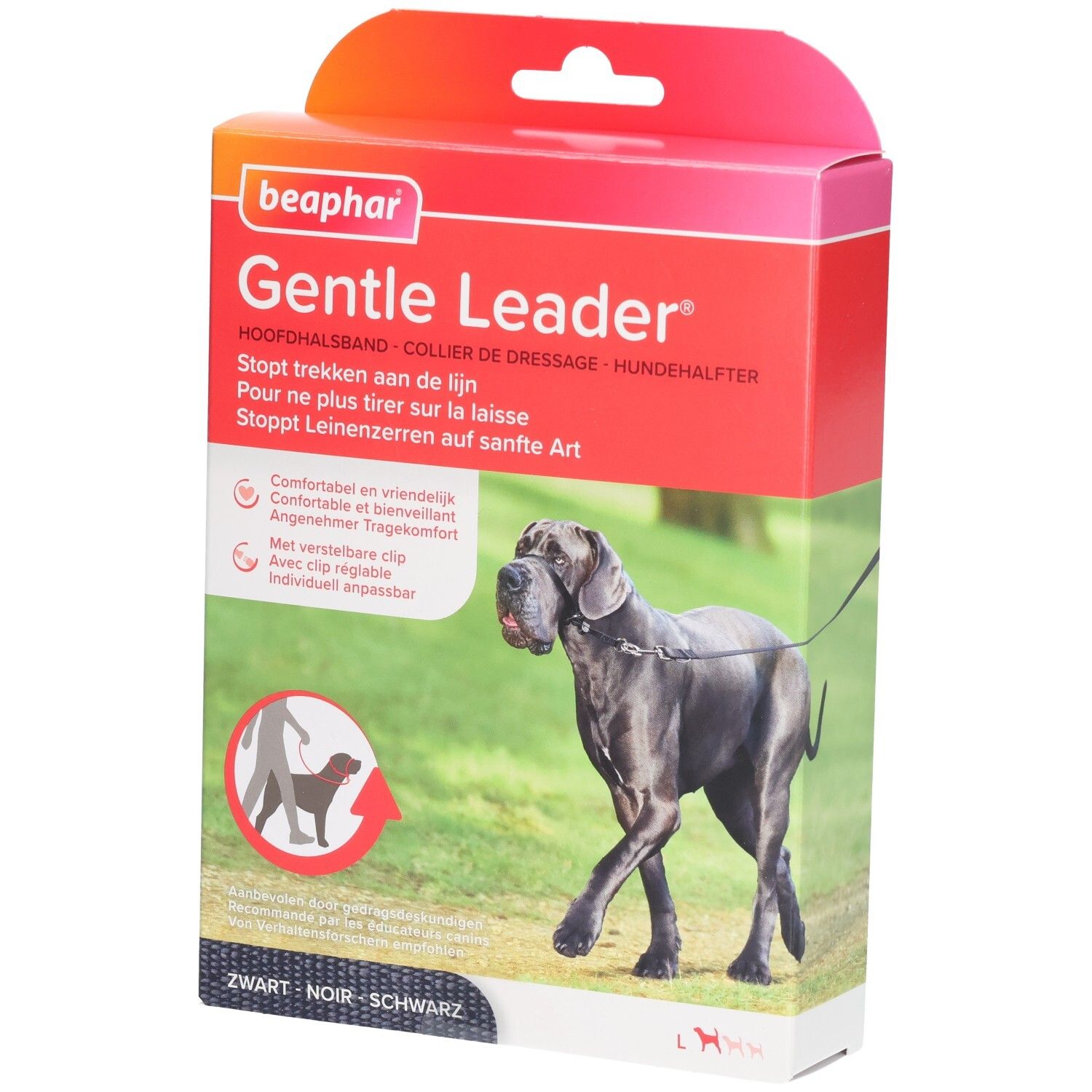 Verpakking Beaphar Gentle Leader. Rode en witte doos met productafbeelding en tekst. Zwarte lijn op de hond.