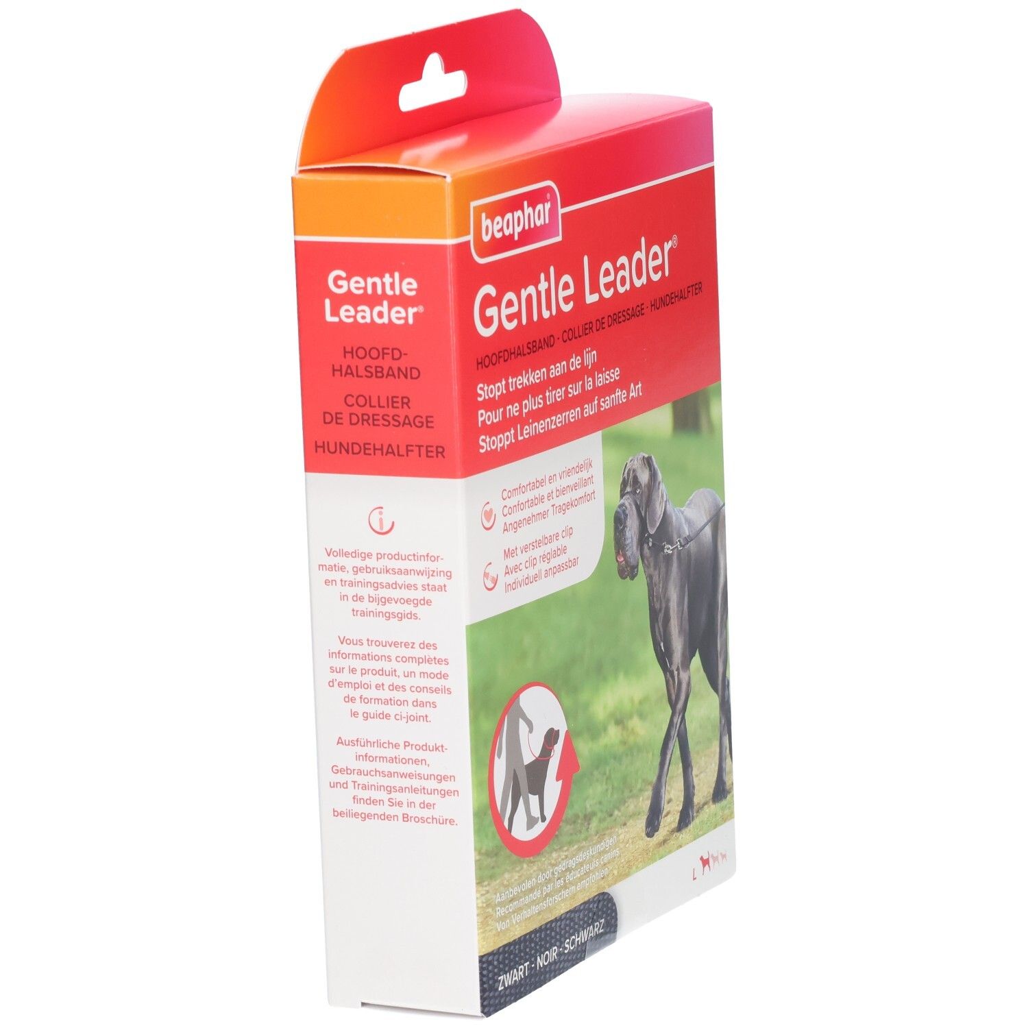 Beaphar Gentle Leader verpakking, schuin. Rode en witte doos met productafbeelding en tekst. Hond op gras.