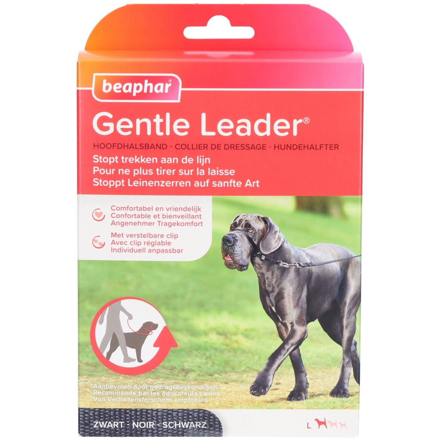Beaphar Gentle Leader verpakking. Rode en witte doos met productafbeelding en tekst. Zwarte lijn op de hond.