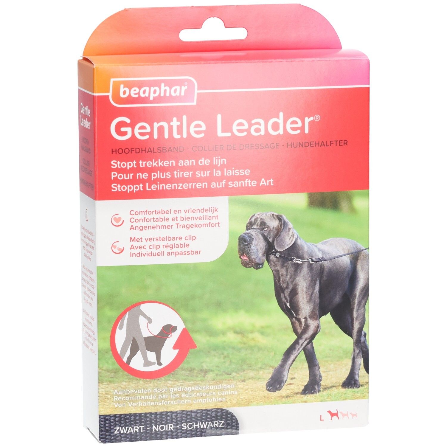 Beaphar Gentle Leader verpakking. Rode en witte doos met productafbeelding en tekst. Zwarte lijn op de hond.