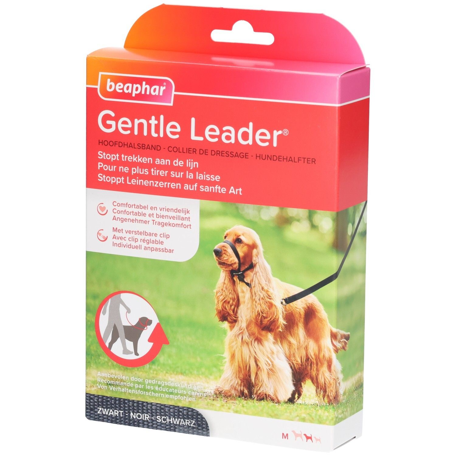 Verpakking van Beaphar Gentle Leader. Zwarte halsband voor middelgrote honden. Productafbeelding met hond.