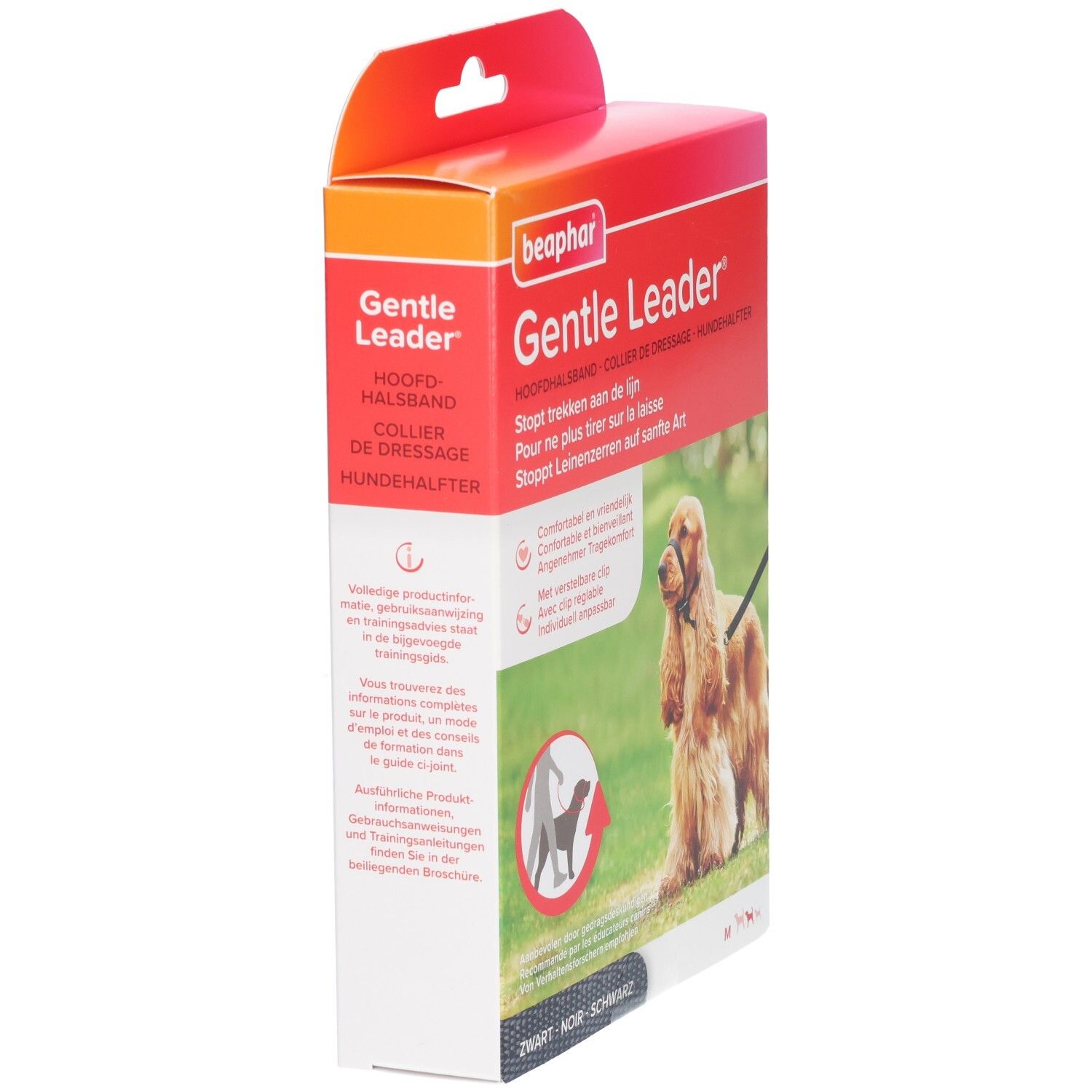 Beaphar Gentle Leader verpakking. Productinformatie op de zijkant. Zwarte halsband voor honden.