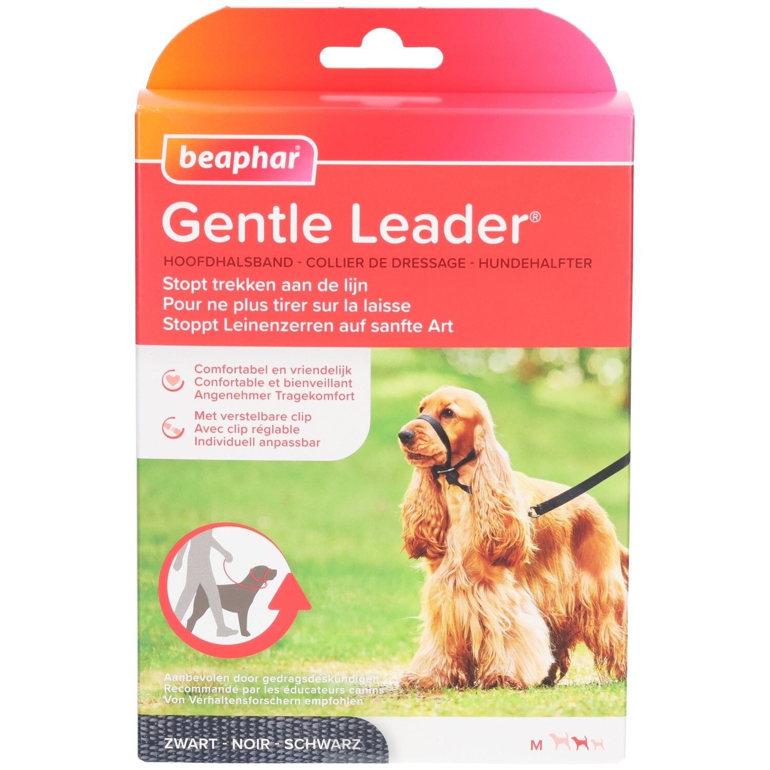 Beaphar Gentle Leader verpakking. Zwarte halsband voor middelgrote honden. Productafbeelding met hond.