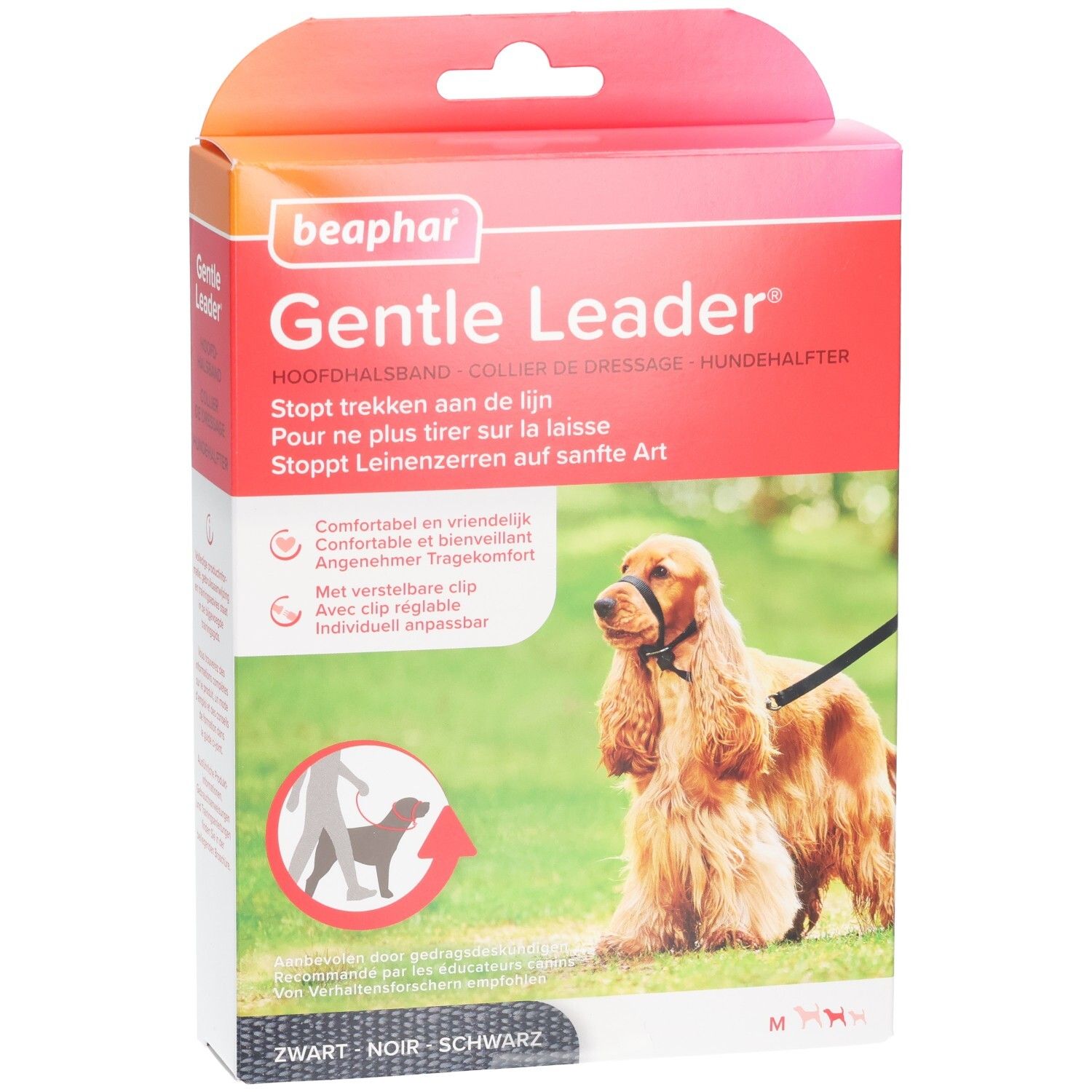 Beaphar Gentle Leader verpakking. Zwarte halsband voor middelgrote honden. Productafbeelding met hond.