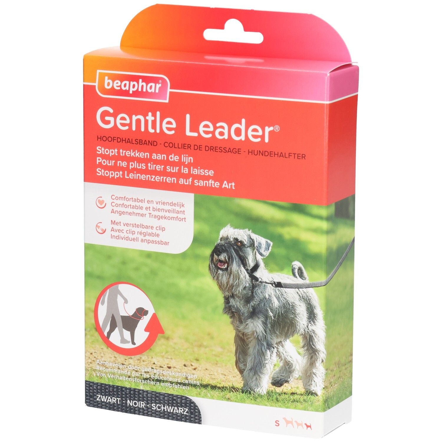 Beaphar Gentle Leader, zwarte halsband voor kleine honden. Verpakking met hond op gras. Tekst: Stopt trekken aan de lijn.