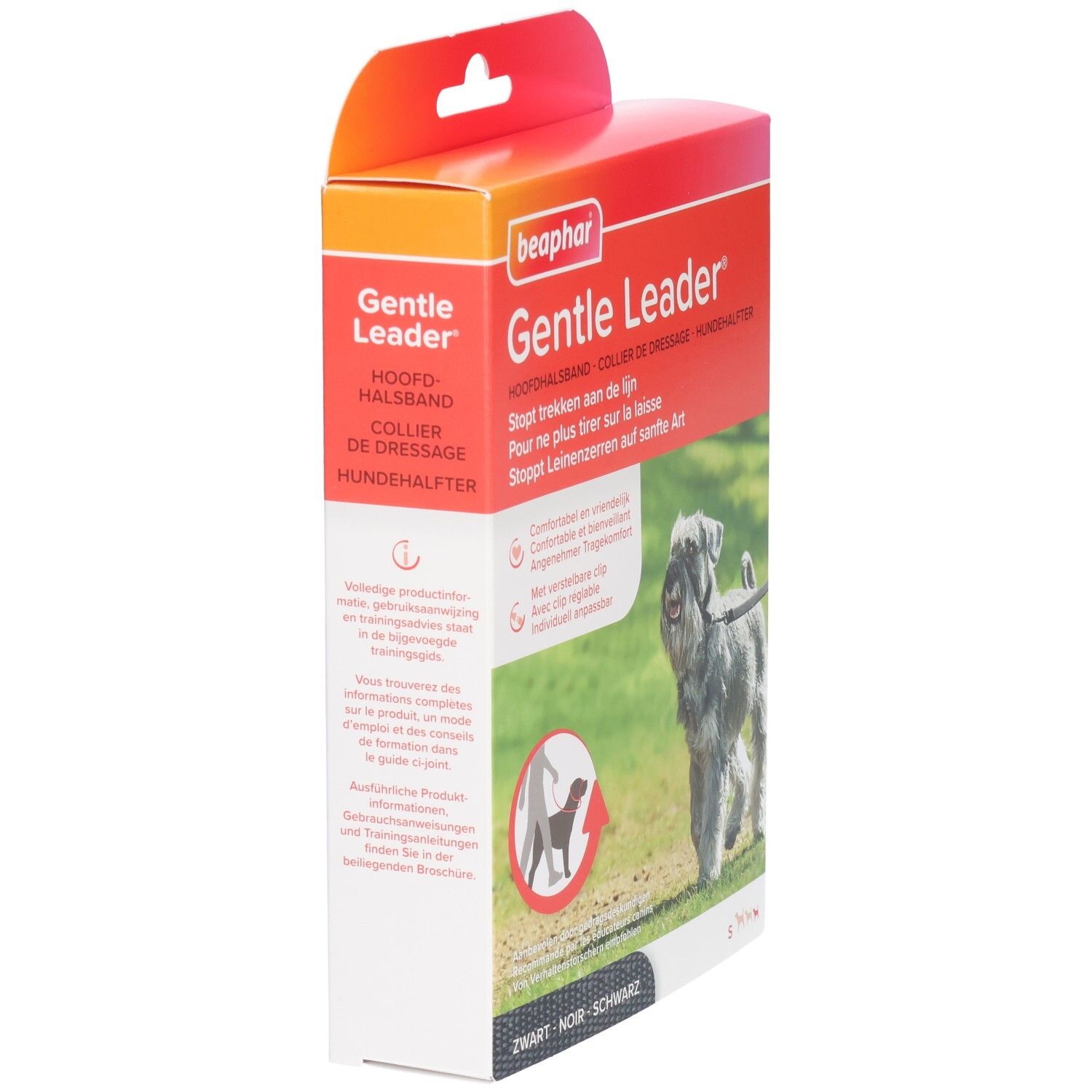 Beaphar Gentle Leader verpakking, zijaanzicht. Tekst: Stopt trekken aan de lijn. Illustratie van een hond. Zwart.