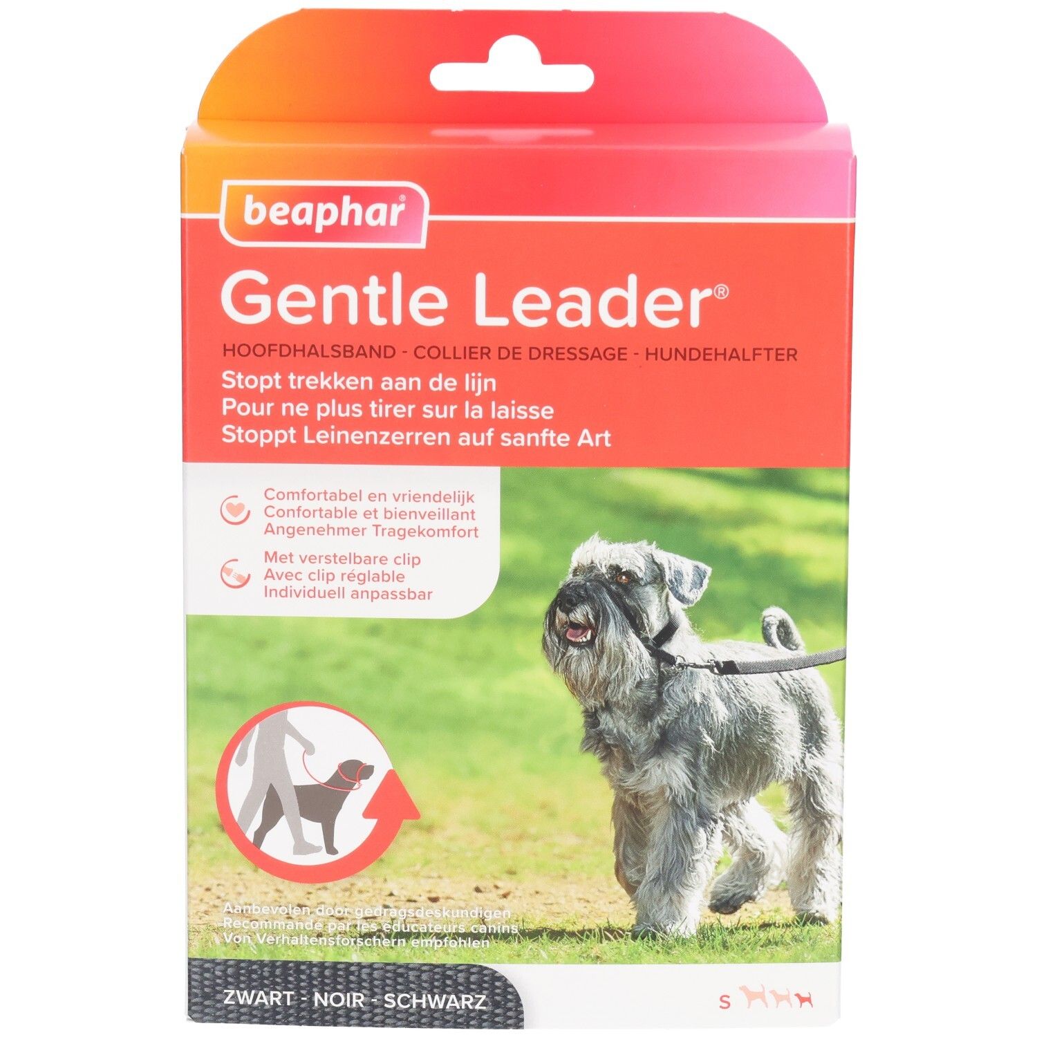 Beaphar Gentle Leader, zwarte halsband voor kleine honden. Verpakking met hond op gras. Tekst: Stopt trekken aan de lijn.