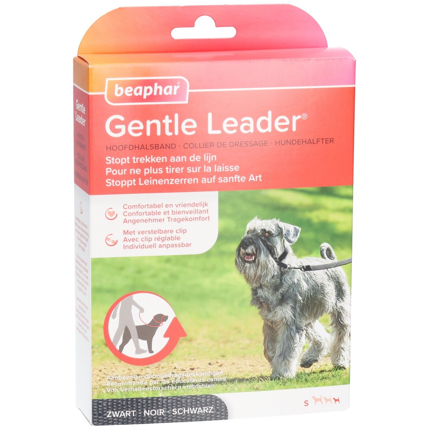 Beaphar Gentle Leader, zwarte halsband voor kleine honden. Verpakking met hond op gras. Tekst: Stopt trekken aan de lijn.