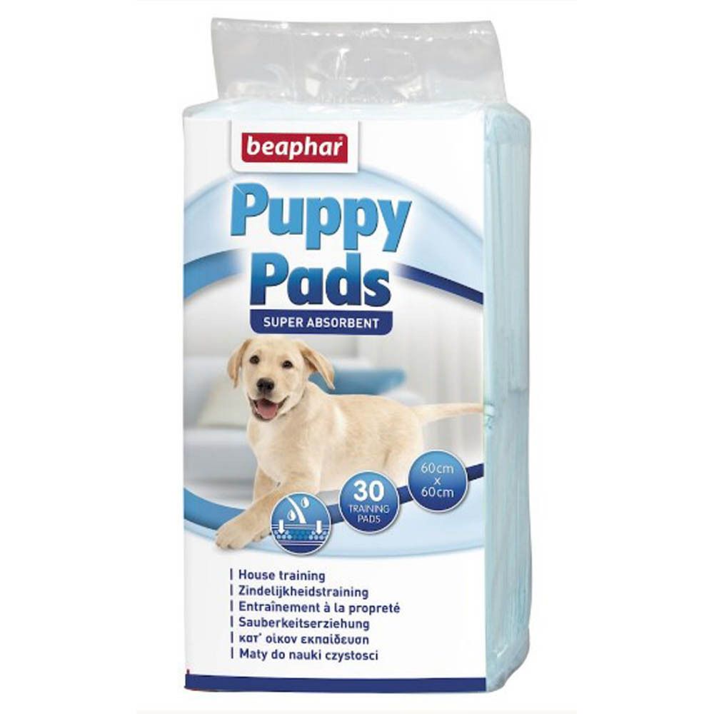 Paquet de Puppy Pads. Marque Beaphar. Inscription: Puppy Pads, super absorbant. Image d'un chiot. 30 pads, 60x60cm.