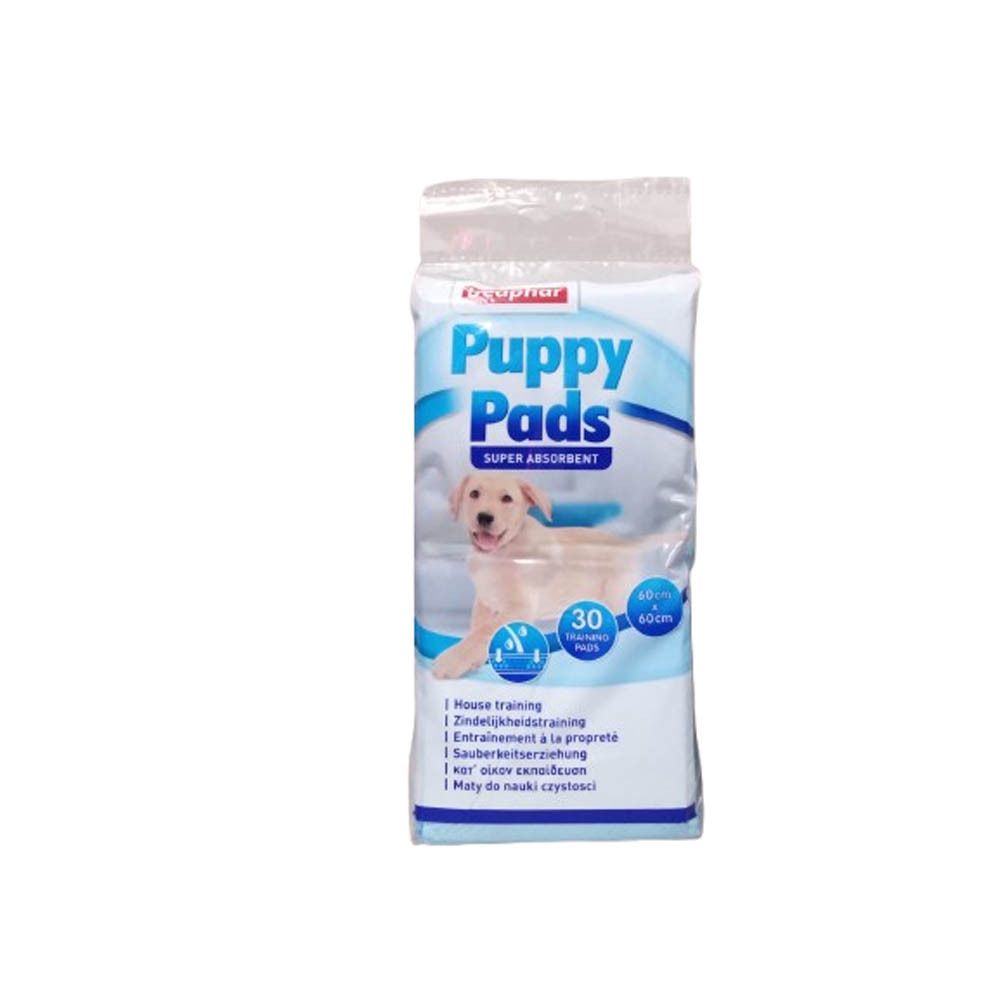 Paquet de Puppy Pads. Marque Beaphar. Inscription: Puppy Pads, super absorbant. Image d'un chiot. 30 pads, 60x60cm.