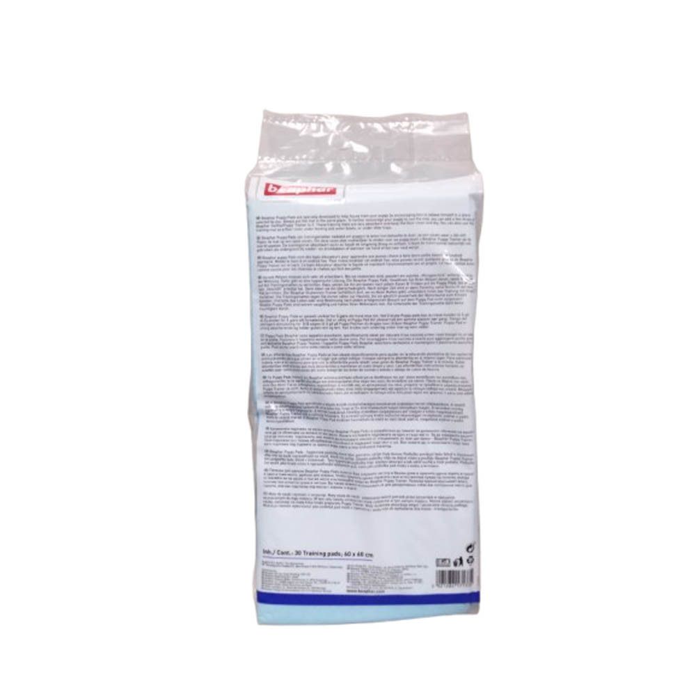 Dos du paquet de Puppy Pads. Texte en plusieurs langues. Couleurs bleu et blanc. Informations sur les pads.