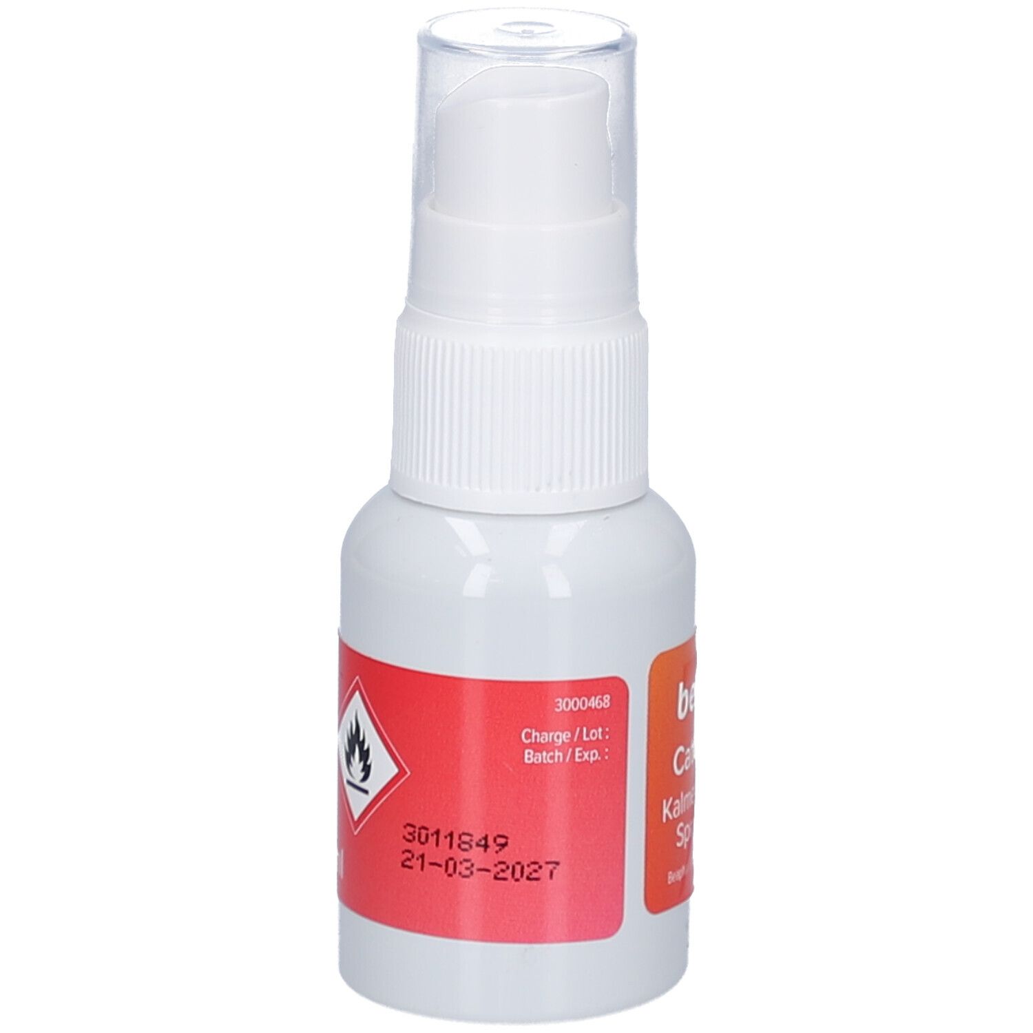 Witte spuitfles met rood etiket. Etiket met lotnummer, vervaldatum en gevaarsymbool.