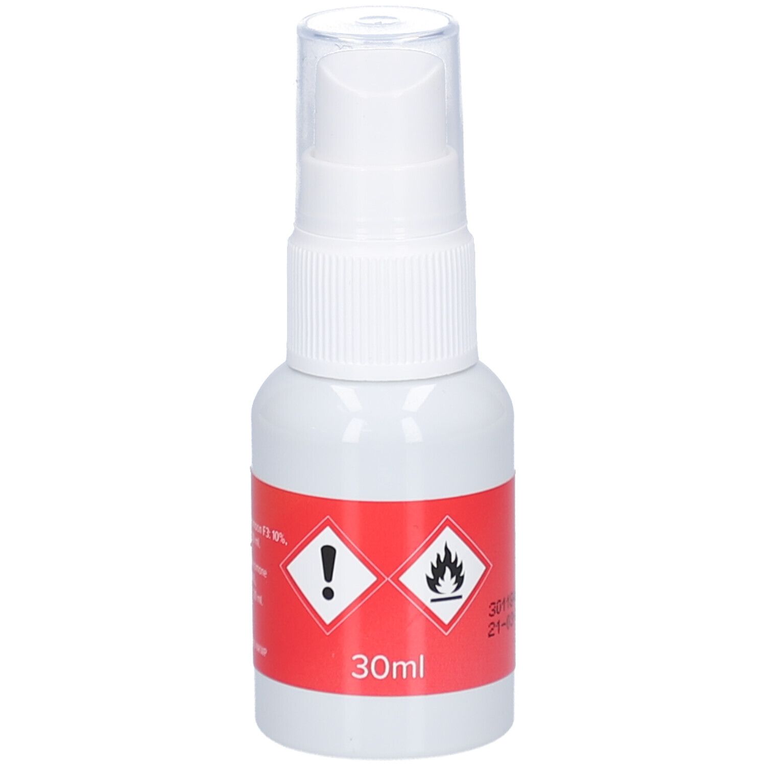 Witte spuitfles met rood etiket. Etiket met waarschuwingssymbolen en volume-aanduiding 30ml.
