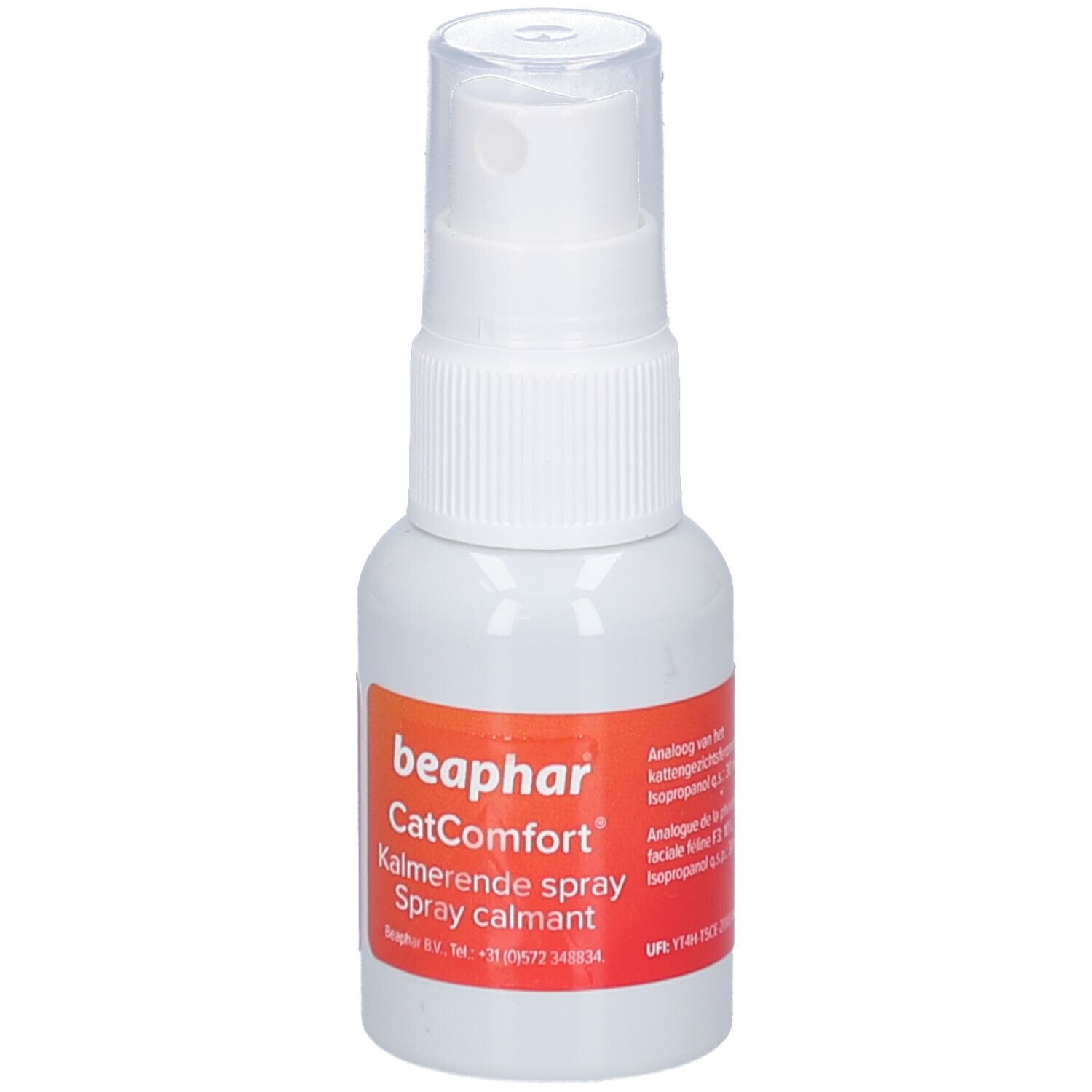 Witte spuitfles met rood etiket. Etiket met productnaam en tekst in het Duits en Frans.