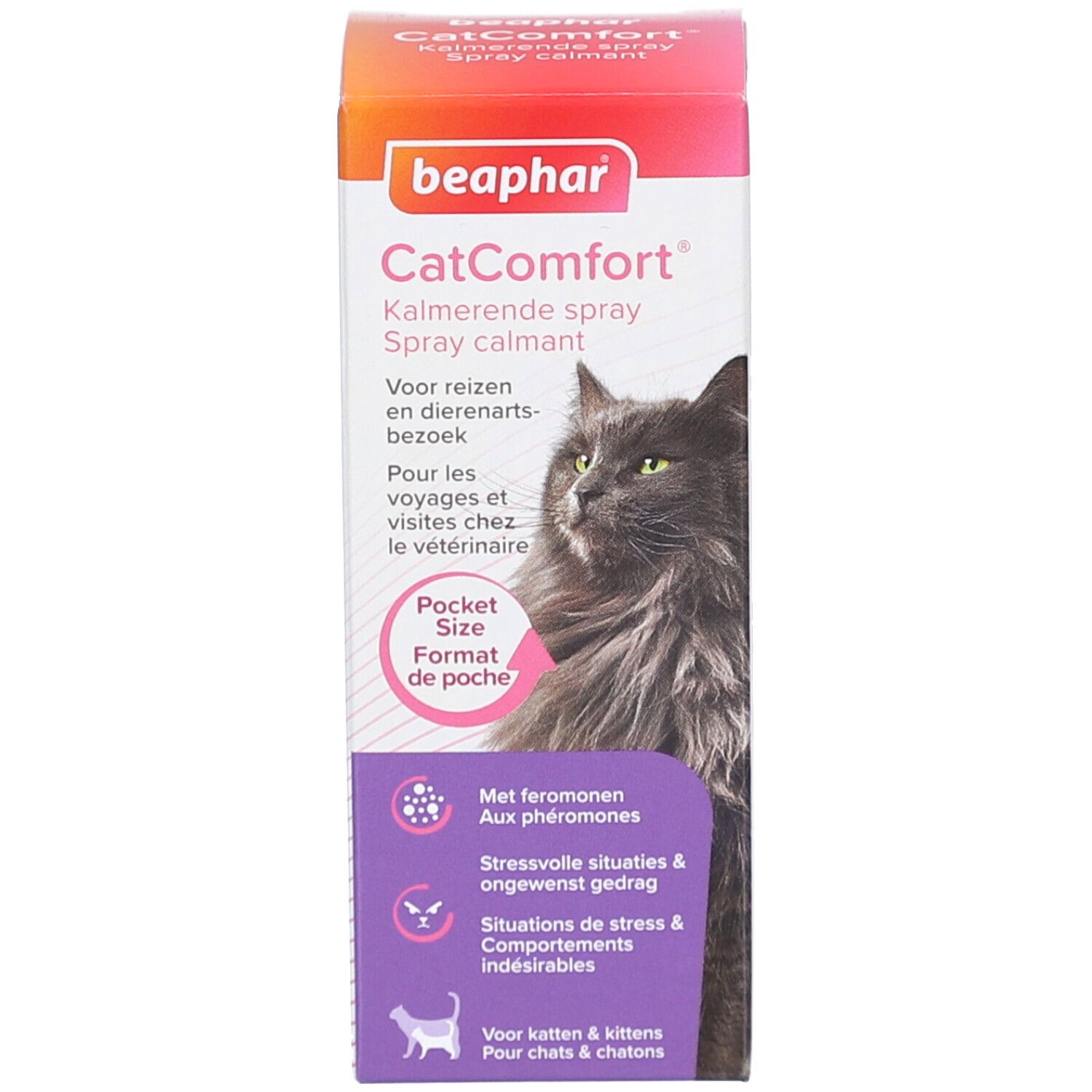 Productverpakking. Doos met productnaam, kat en productinformatie.