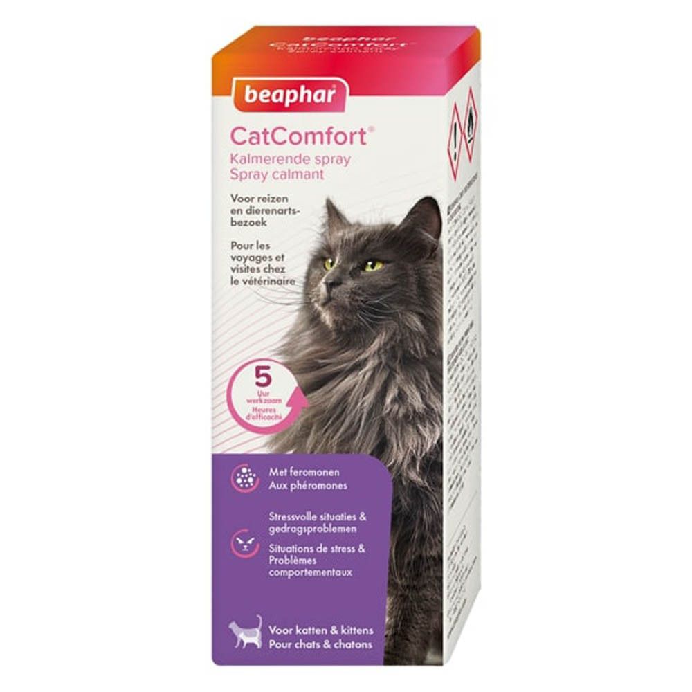 Verpakking van Beaphar CatComfort. Afbeelding van een kat. Werkt 5 uur. Voor katten en kittens.