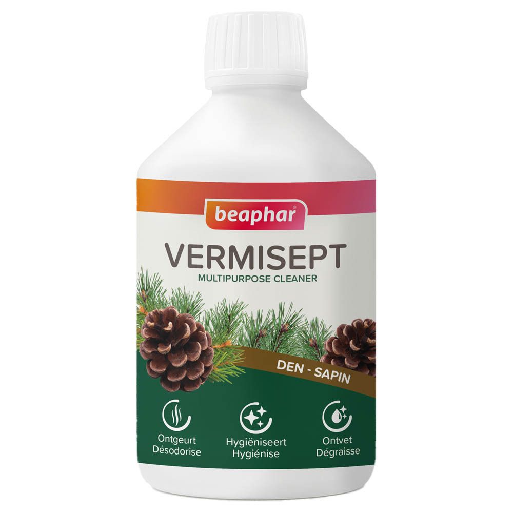 Witte fles met etiket. Opschrift: beaphar, VERMISEPT, MULTIPURPOSE CLEANER. Afbeelding van dennenappels en takken.
