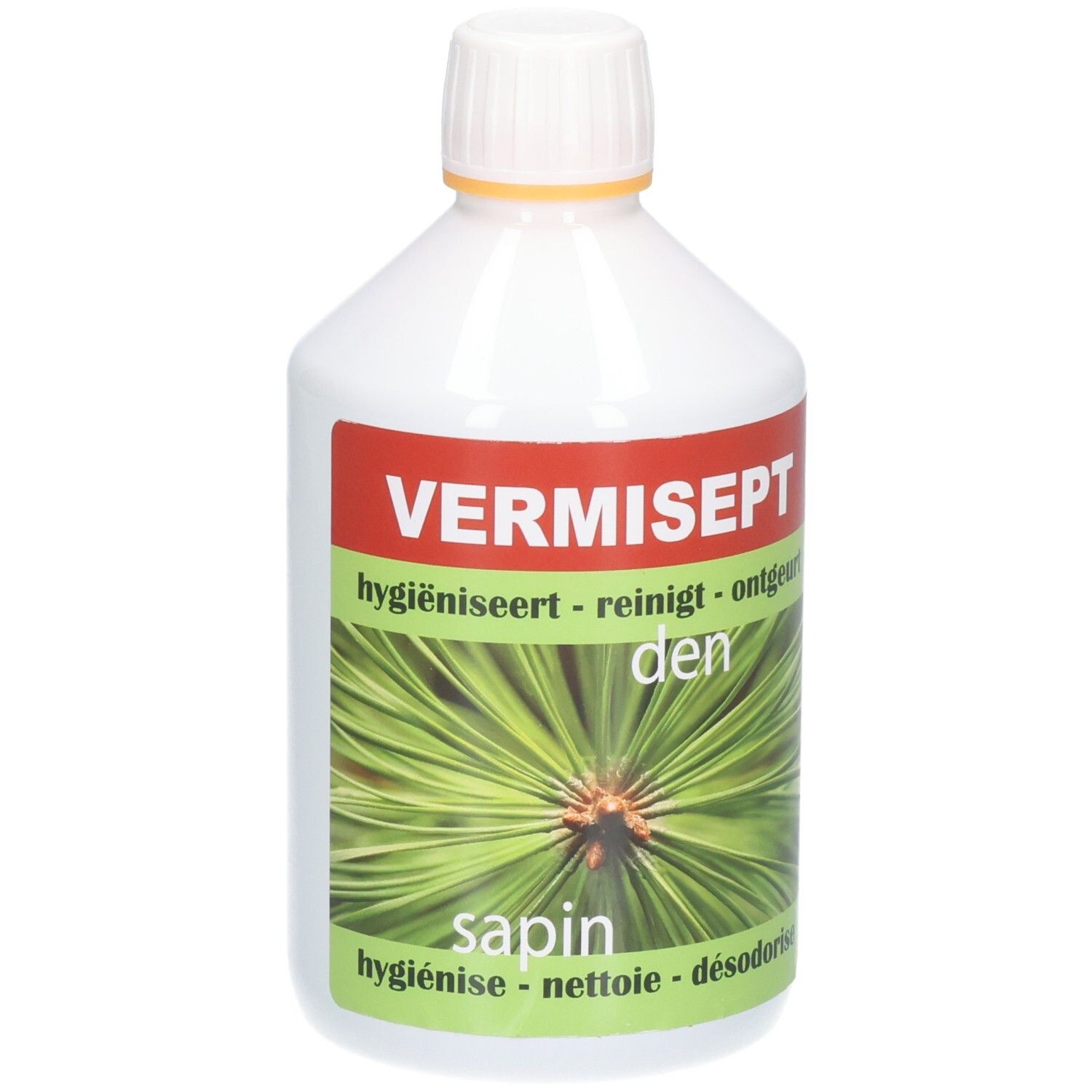 Witte fles met rood etiket. Opschrift: VERMISEPT, daaronder tekst en een dennentak. Groen etiket met tekst.