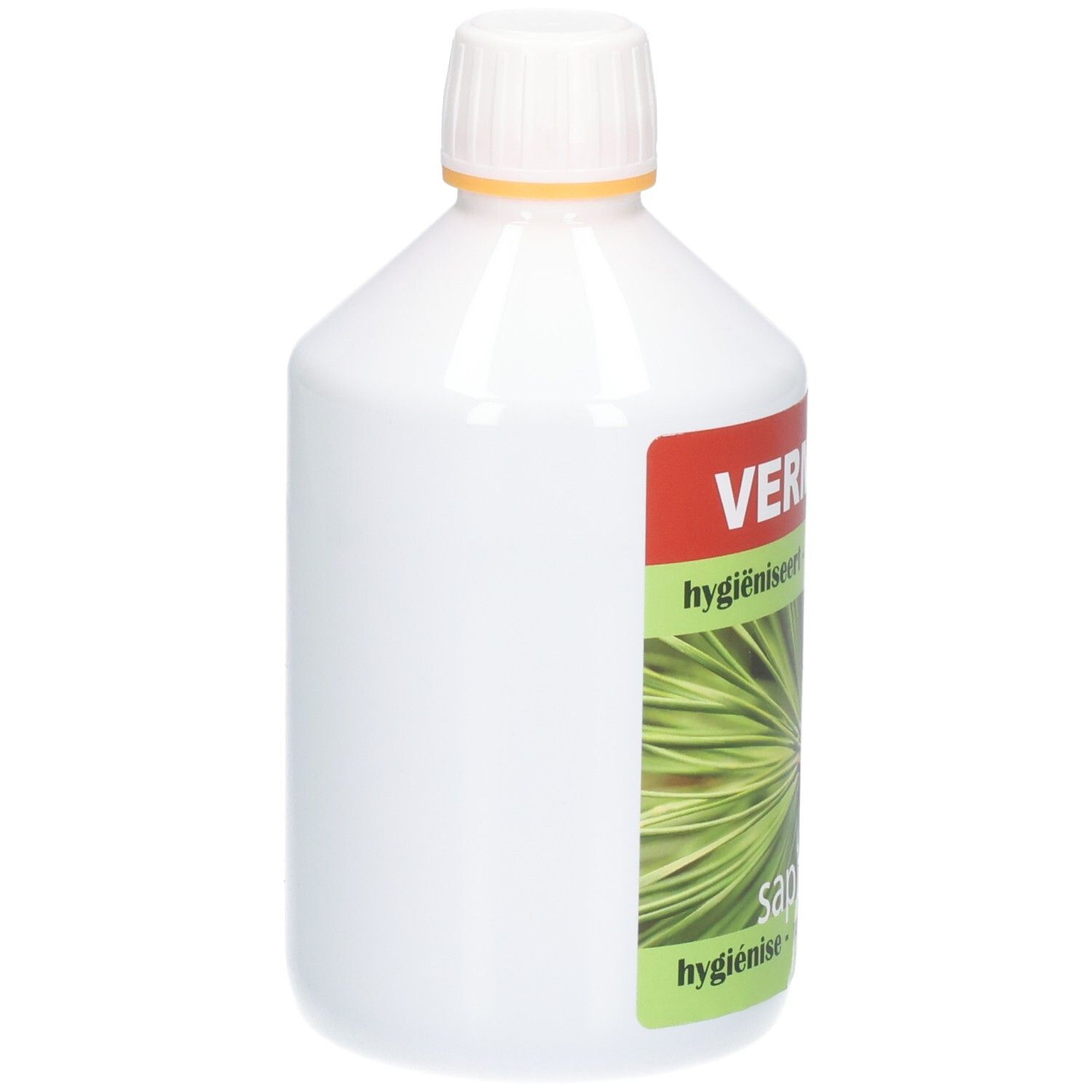 Witte fles met rood etiket. Opschrift: VERMISEPT, daaronder tekst en een dennentak. Groen etiket met tekst.