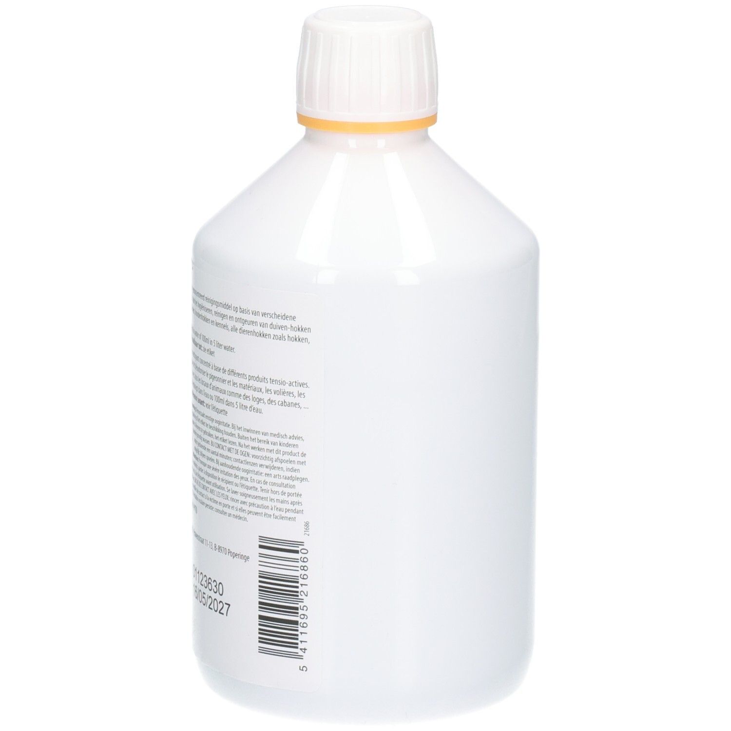 Witte fles met tekst en barcode op de achterkant. Tekst in meerdere talen. Productie- en vervaldatum.