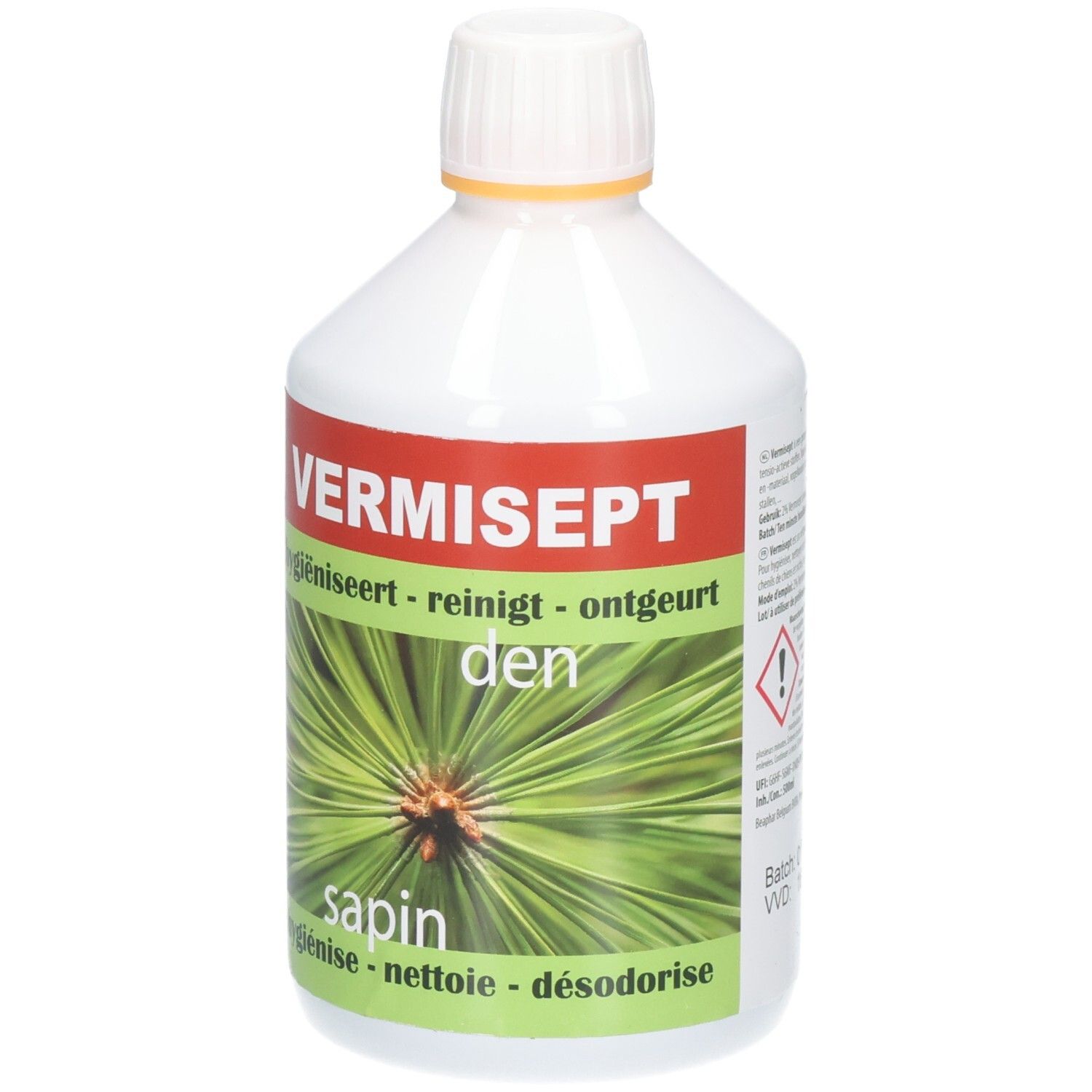 Witte fles met rood etiket. Opschrift: VERMISEPT, daaronder tekst en een dennentak. Groen etiket met tekst.