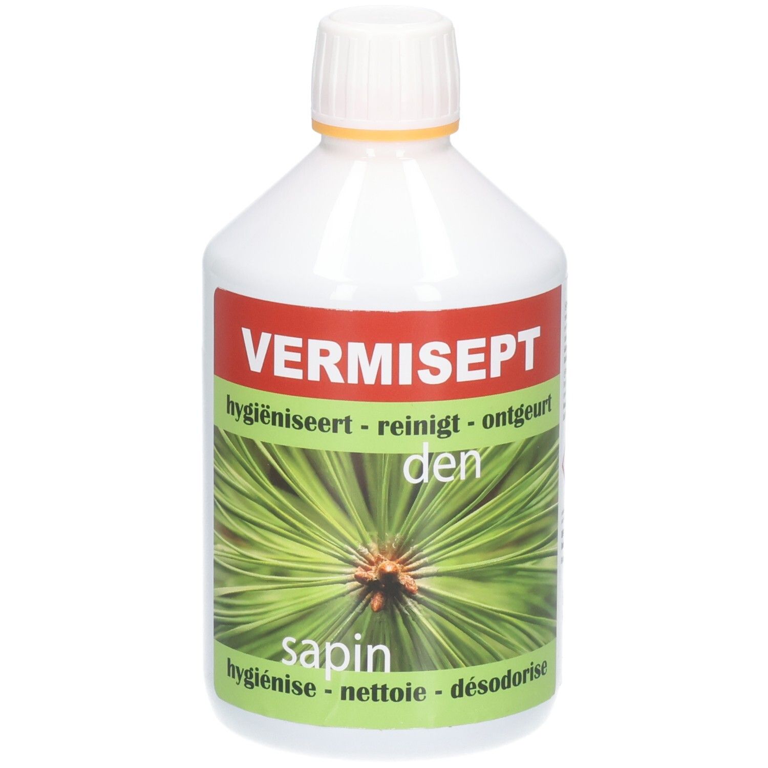 Witte fles met rood etiket. Opschrift: VERMISEPT, daaronder tekst en een dennentak. Groen etiket met tekst.
