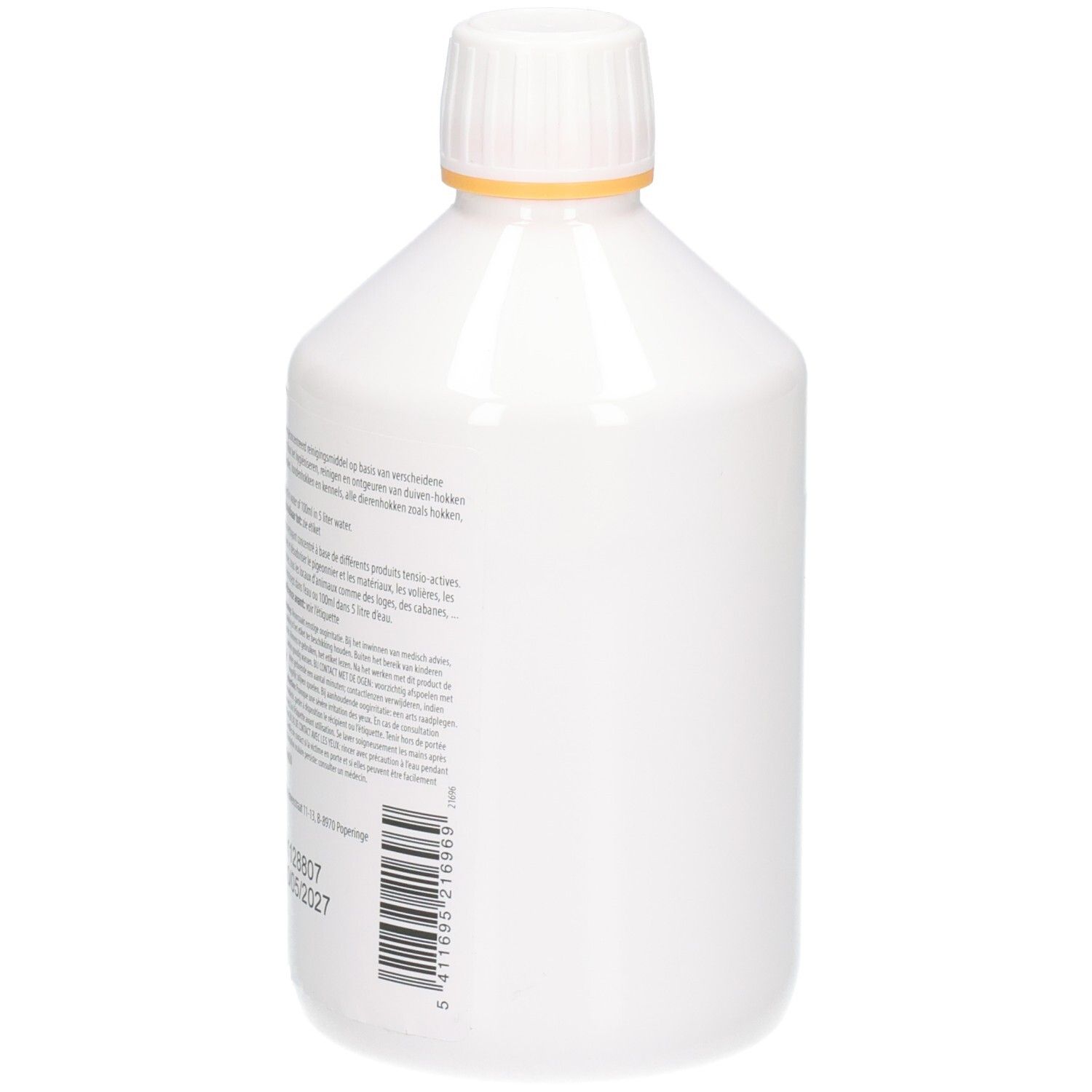 Bouteille blanche avec texte au dos. Code-barres et texte. Bouchon blanc.