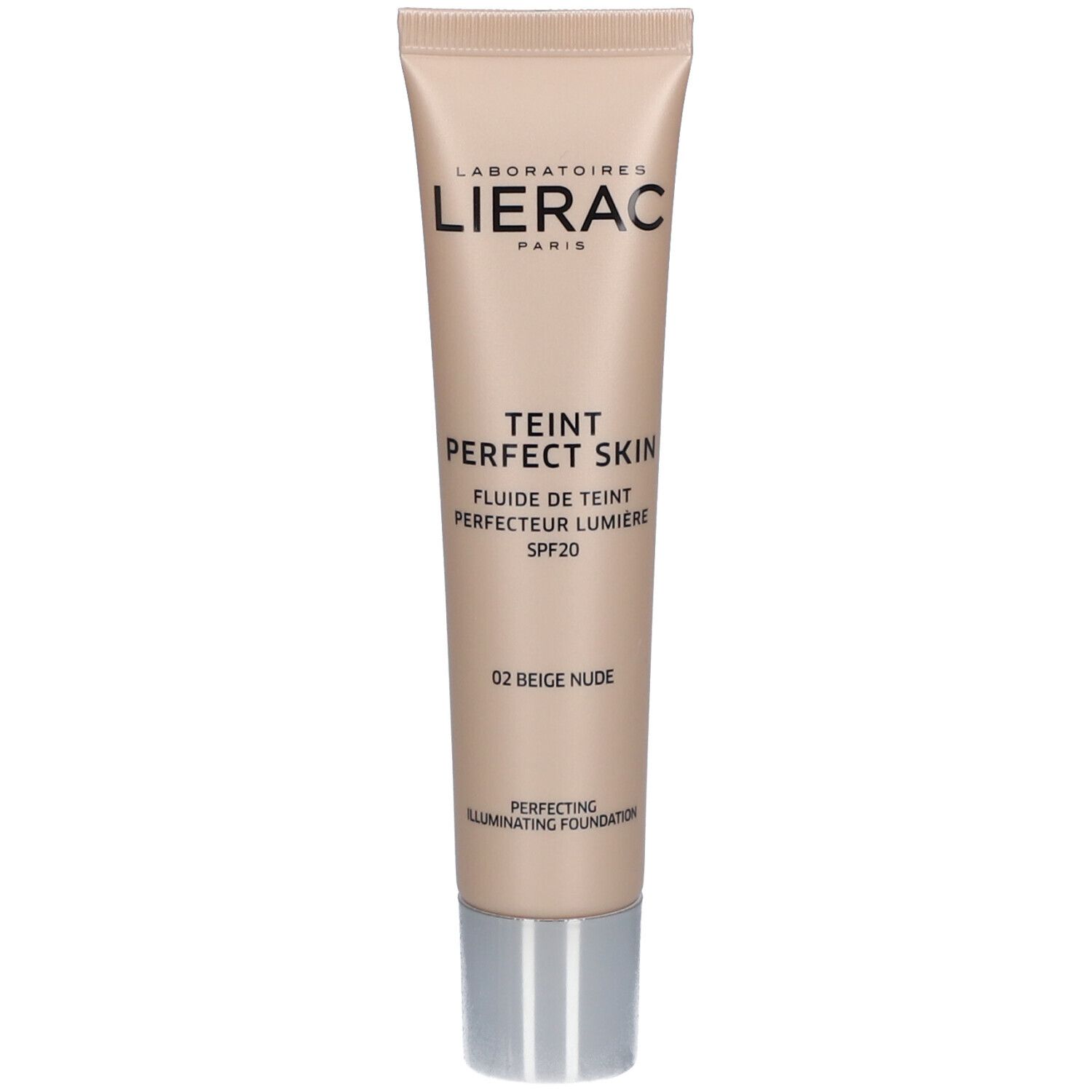 Tube beige avec bouchon argenté. Inscriptions: LIERAC PARIS, TEINT PERFECT SKIN, Fluide, SPF20, 02 Beige Nude.