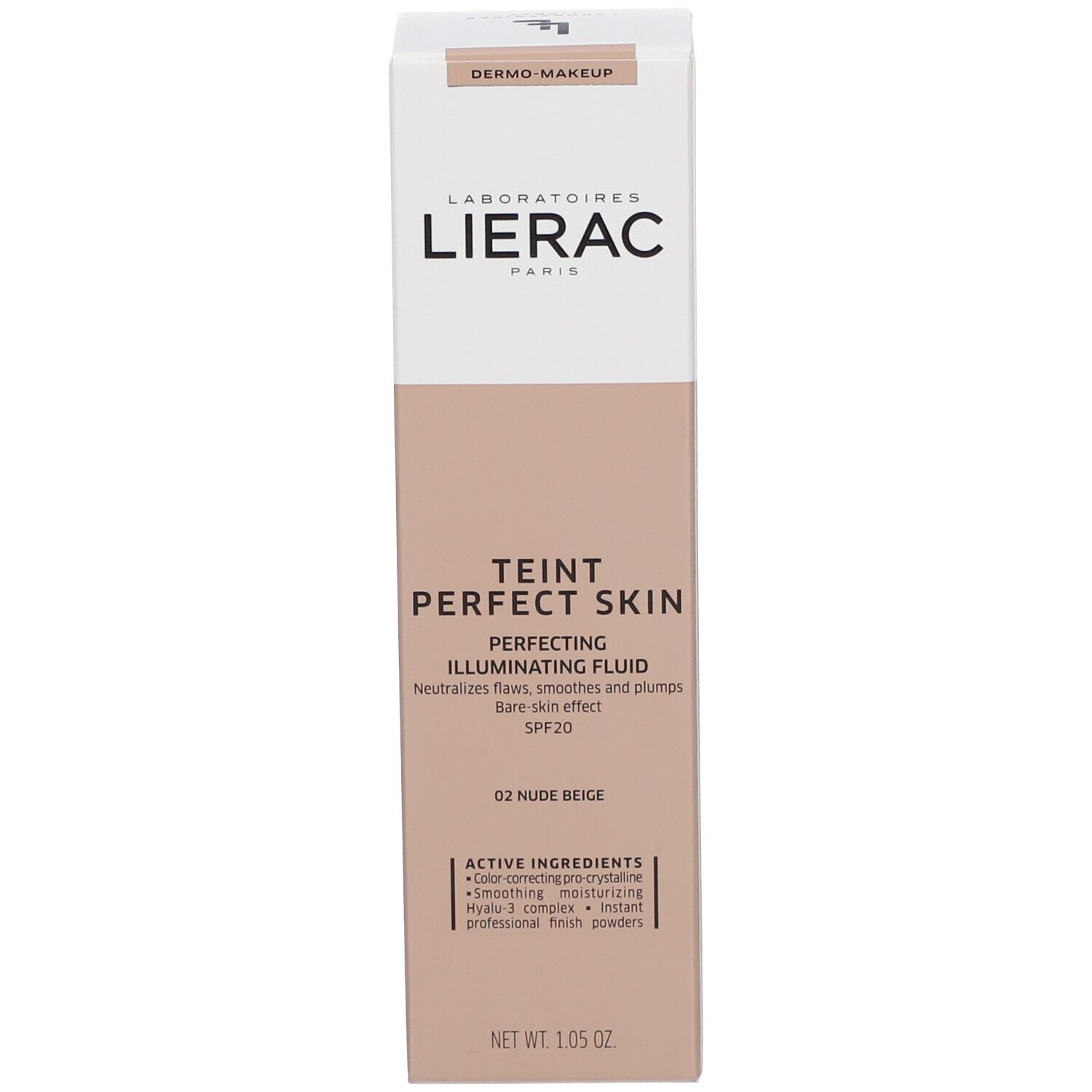 Emballage en carton. Inscriptions: DERMO-MAKEUP, LIERAC PARIS, TEINT PERFECT SKIN, 02 Nude Beige, Net 1.05 oz, ingrédients.