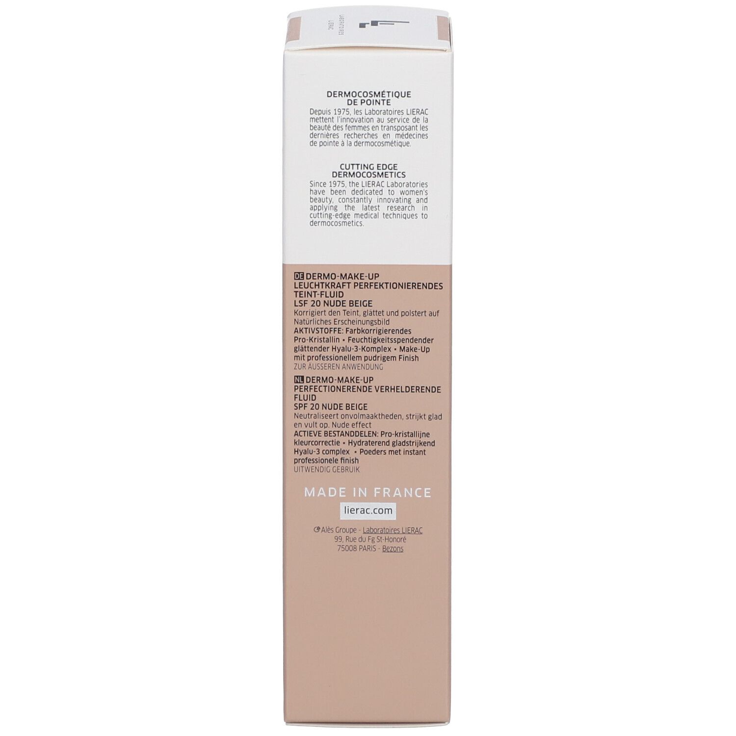 Côté de l'emballage en carton. Texte: DERMOCOSMETIQUE, description du produit, ingrédients, Fabriqué en France, coordonnées.