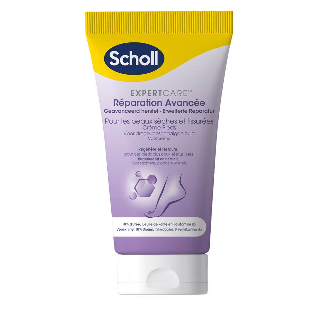Scholl ExpertCare Réparation Avancée. Tube crème pour pieds. Texte et illustration de pied. Pour peaux sèches et fissurées.