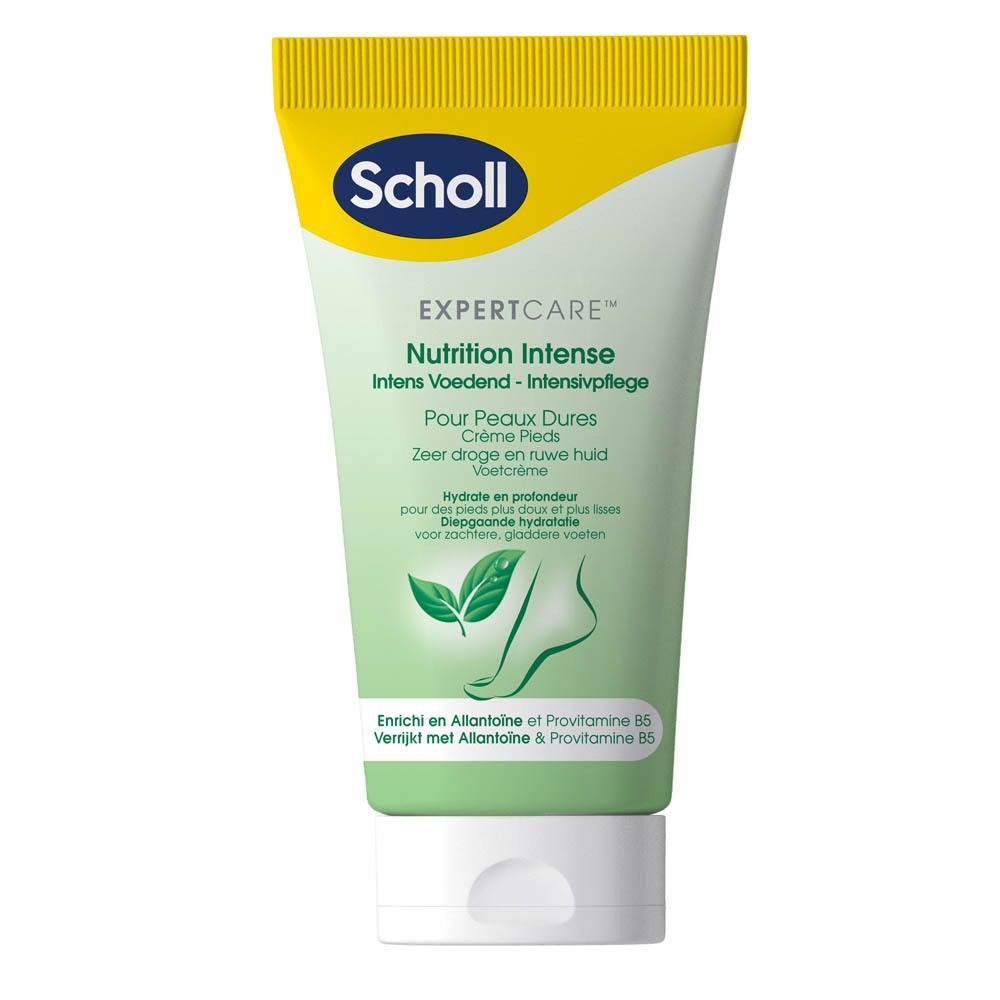 Scholl ExpertCare Crème Nutrition Intense. Tube vert et blanc. Contient des inscriptions et un logo.